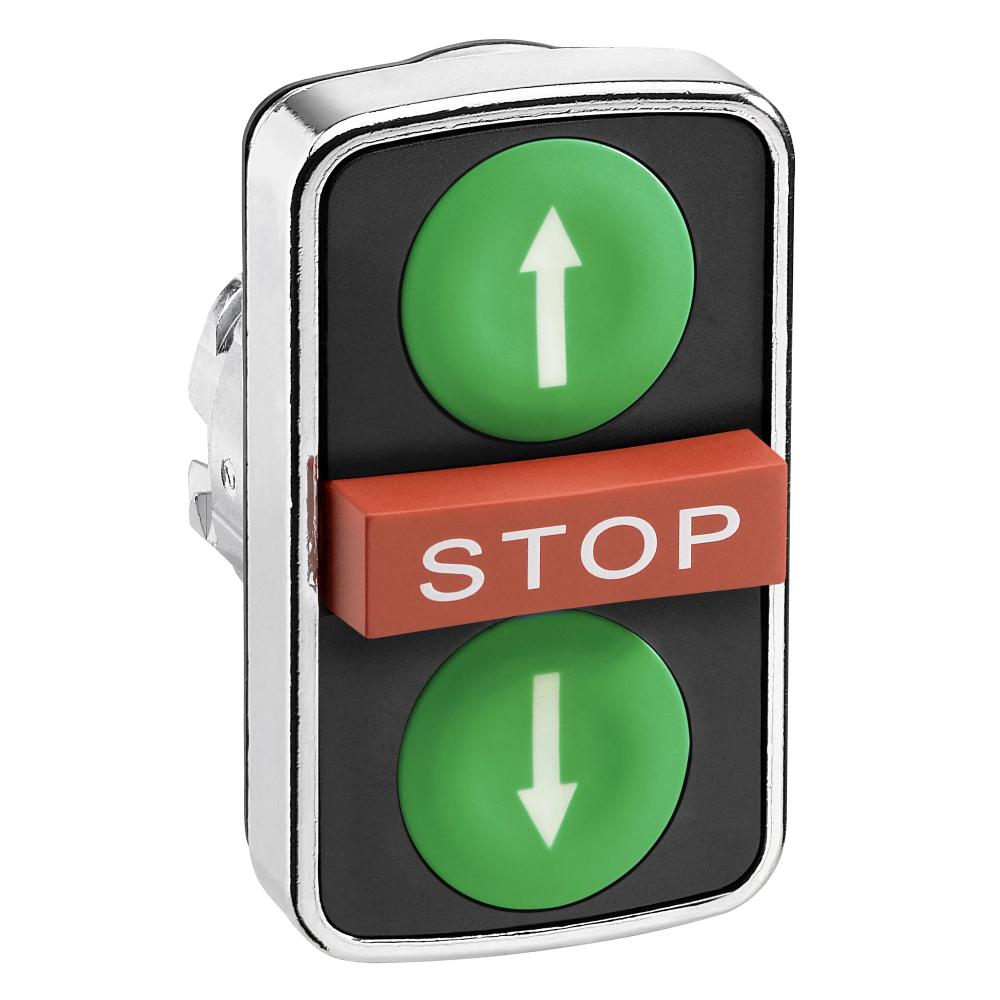 Schneider Electric ZB4BA73134 Triple Push Button, Front Element, Harmony XB4, Metal, 22mm, Green, Red, Labelled Arrows/STOP, Momentary (img_001) Schneider Electric ZB4BA73134 Triple Push Button, Front Element, Harmony XB4, Metal, 22mm, Green, Red, Labelled Arrows/STOP, Momentary (img_001)
