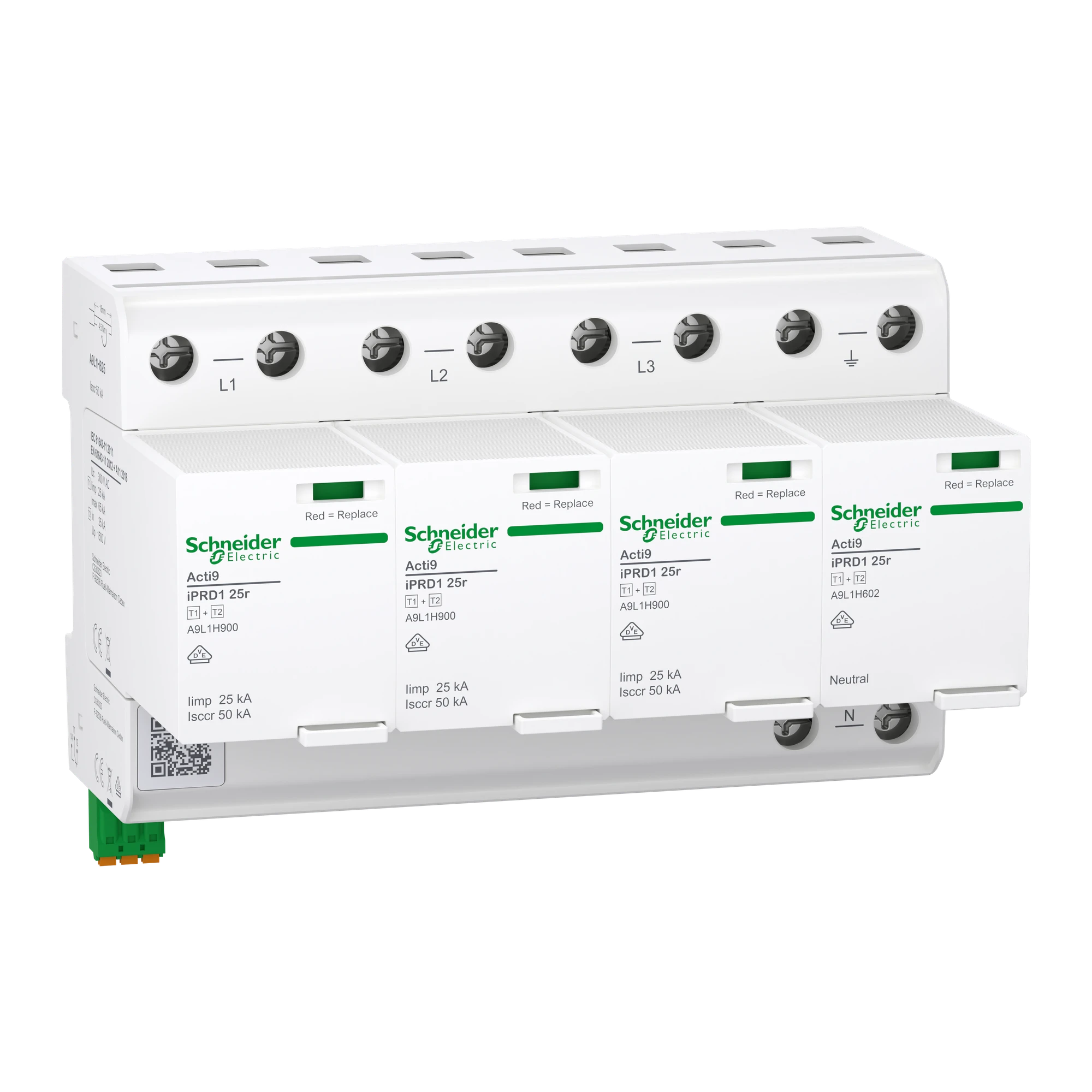 Schneider Electric A9L1H625 Combined Lightning/Surge Arrester, Acti9 iPRD1 25r, Type 1+2, Pluggable Protection Modules, 3P+N, Iimp 25kA, FM Contact (img_001)