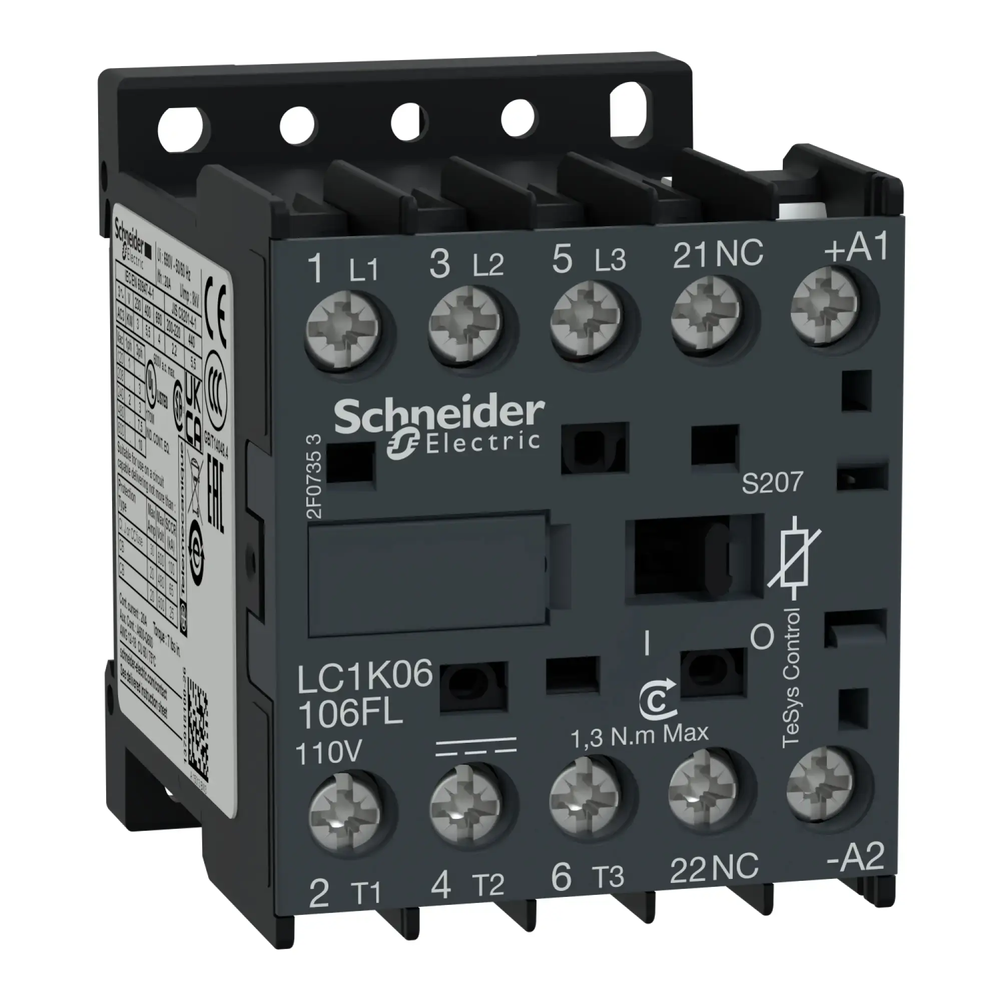 Schneider Electric LC1K06106FLS207 Power contactor, 3p+1NO, 2.2kW/400V/AC3, 6A, screw connection - 110 V DC low (img_003)