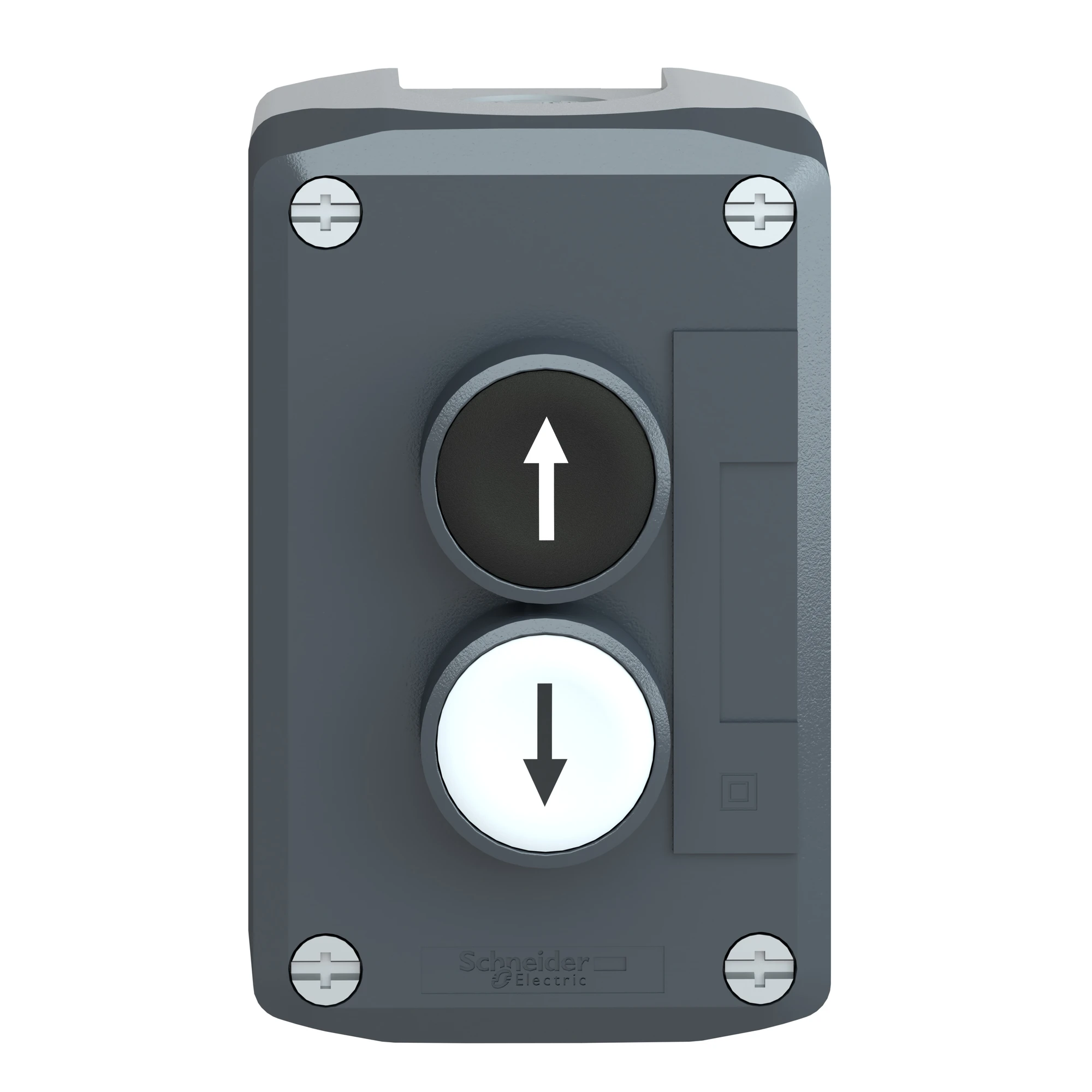 Schneider Electric XALD222E Surface mounting enclosure, Harmony XALD, plastic, dark grey, 2 push-buttons, white, black, arrows up-down, 22mm, 2NO+2NC (img_006) Schneider Electric XALD222E Surface mounting enclosure, Harmony XALD, plastic, dark grey, 2 push-buttons, white, black, arrows up-down, 22mm, 2NO+2NC (img_006)