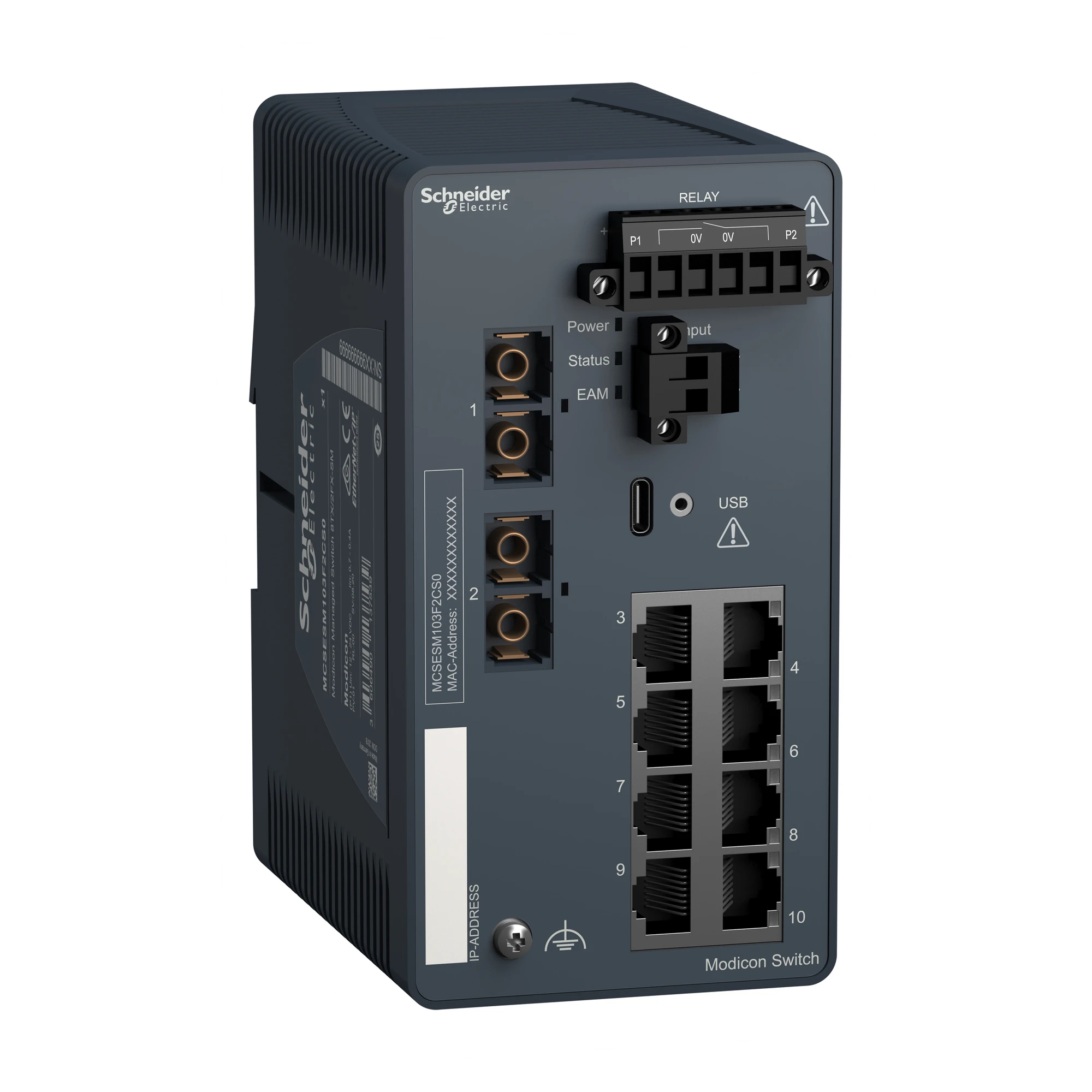 Schneider Electric MCSESM103F2CS0 Modicon Managed Switch, 8 Copper Ports (8TX 10/100 Mbps) + 2 Singlemode Fiber Ports (2FX-SM 100 Mbps) (img_001)