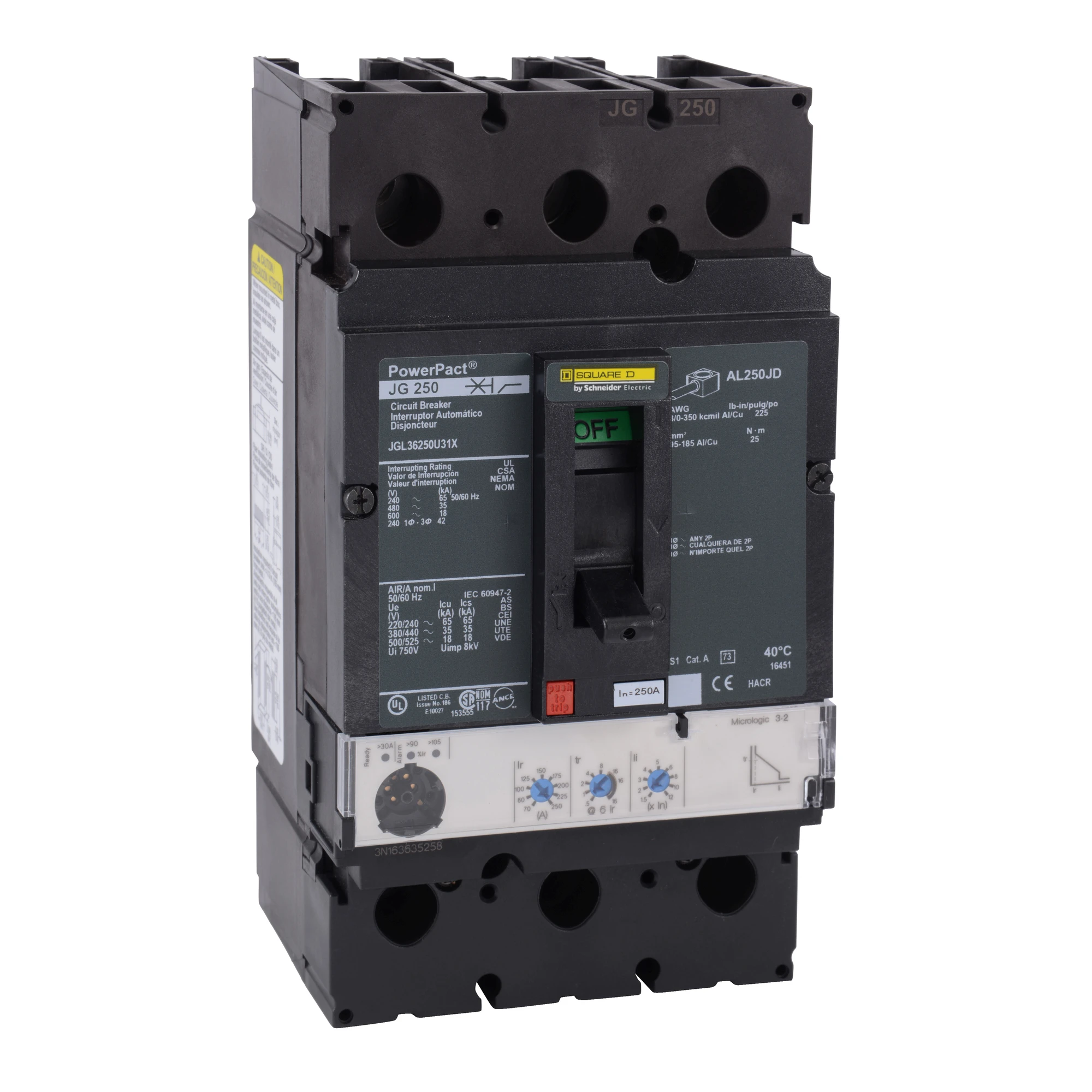 Schneider Electric JGL34250WU31X Compact power circuit breaker PowerPacT J, with Micrologic 3.2, 250A, 3P, 35kA/480V AC (img_001)