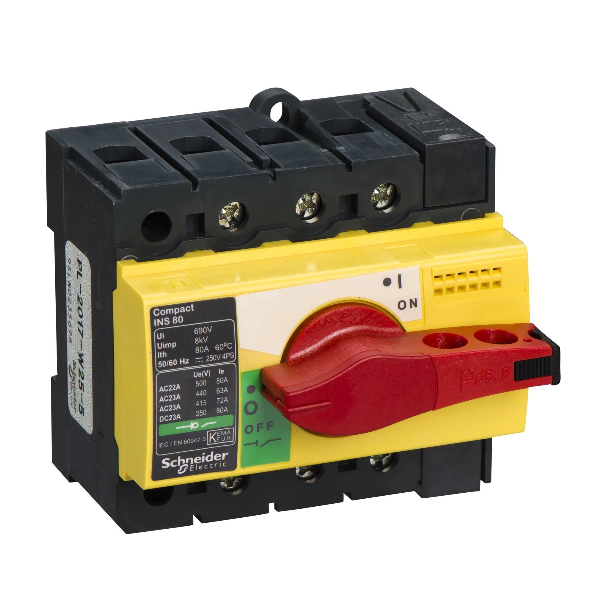 Schneider Electric 28920 Load break switch INS80, 3P, 80A/690V AC/250V DC, Rotary drive red/base yellow (img_001)