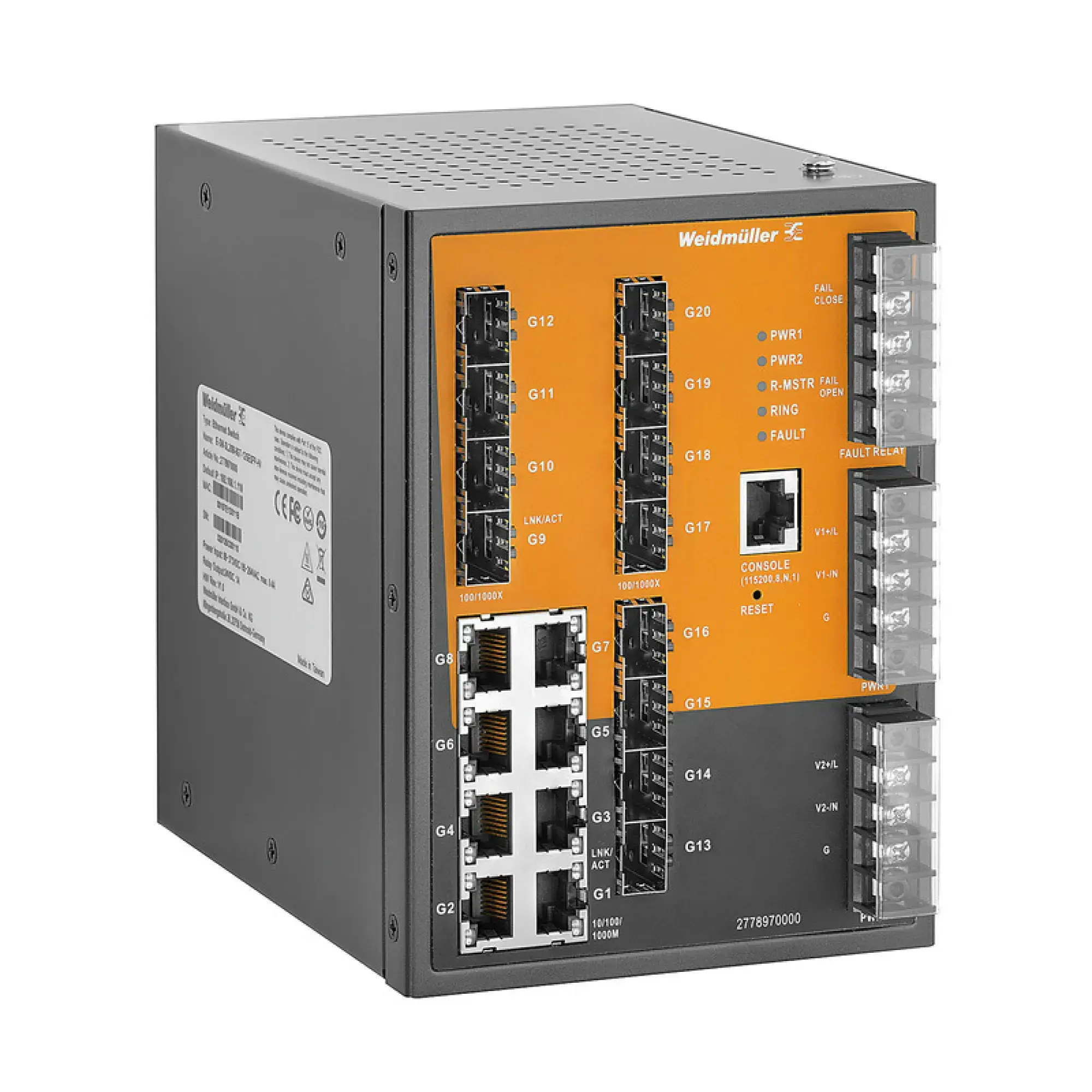 Weidmüller 2778970000 Network switch (managed), managed, Gigabit Ethernet, Number of ports: 8x RJ45, 12x 100/1000BaseSFP Slot, -40 °C...85 °C, IP30 (img_001) Weidmüller 2778970000 Network switch (managed), managed, Gigabit Ethernet, Number of ports: 8x RJ45, 12x 100/1000BaseSFP Slot, -40 °C...85 °C, IP30 (img_001)