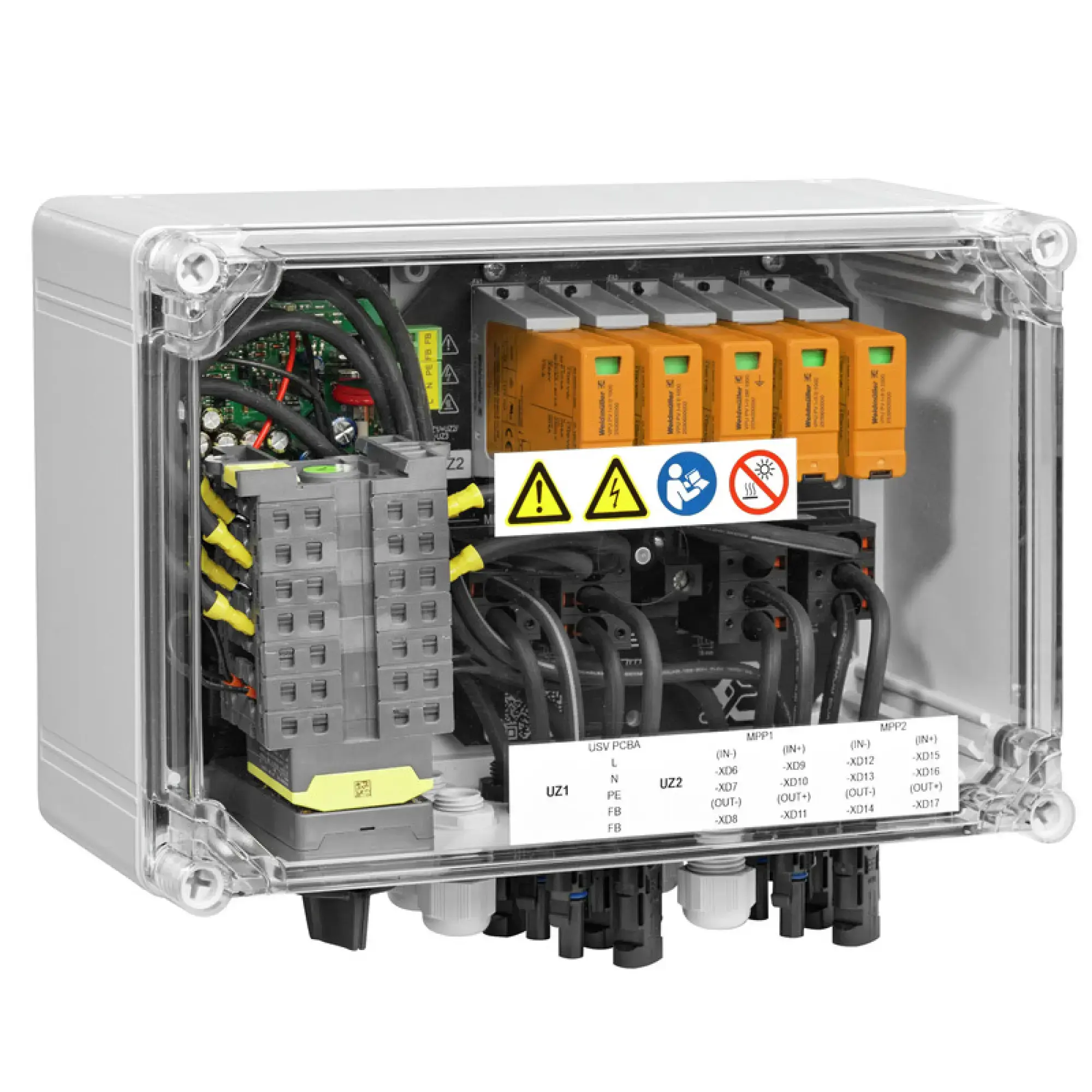 Weidmüller 8000114374 Combiner Box (Photovoltaik), 1100 V, 2 MPP's, 2 Inputs / 1 Output per MPP, Surge protection I / II, Remote disconnector, WM4C (img_001) Weidmüller 8000114374 Combiner Box (Photovoltaik), 1100 V, 2 MPP's, 2 Inputs / 1 Output per MPP, Surge protection I / II, Remote disconnector, WM4C (img_001)