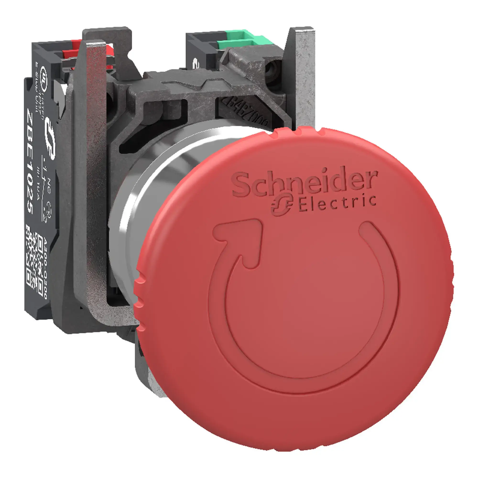 Schneider Electric XB4BS84455 Not-Aus/Not-Halt-Schalter, Harmony XB4, Metall, 22mm, rot, Pilz 40mm, Drehentriegelung, 1S+1Ö, Push-In (img_001)