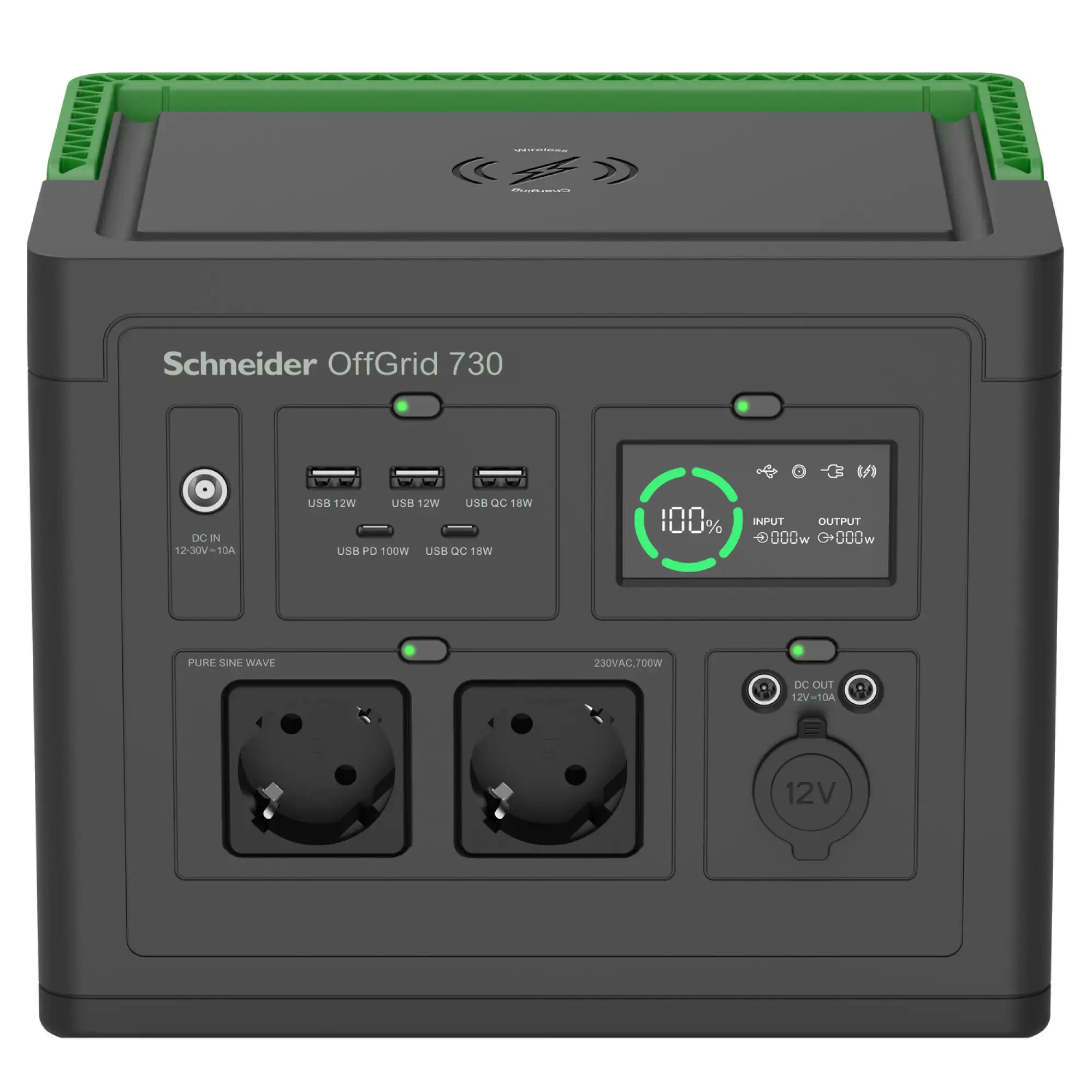 APC PPS730-GR Schneider tragbare OffGrid Powerstation 730, 700W, 738Wh Lithium-Ionen, LCD, 2 Schuko Ausgänge, Sinuswelle, 3 USB-A, 2 USB-C, kabelloses Ladegerät (img_003)