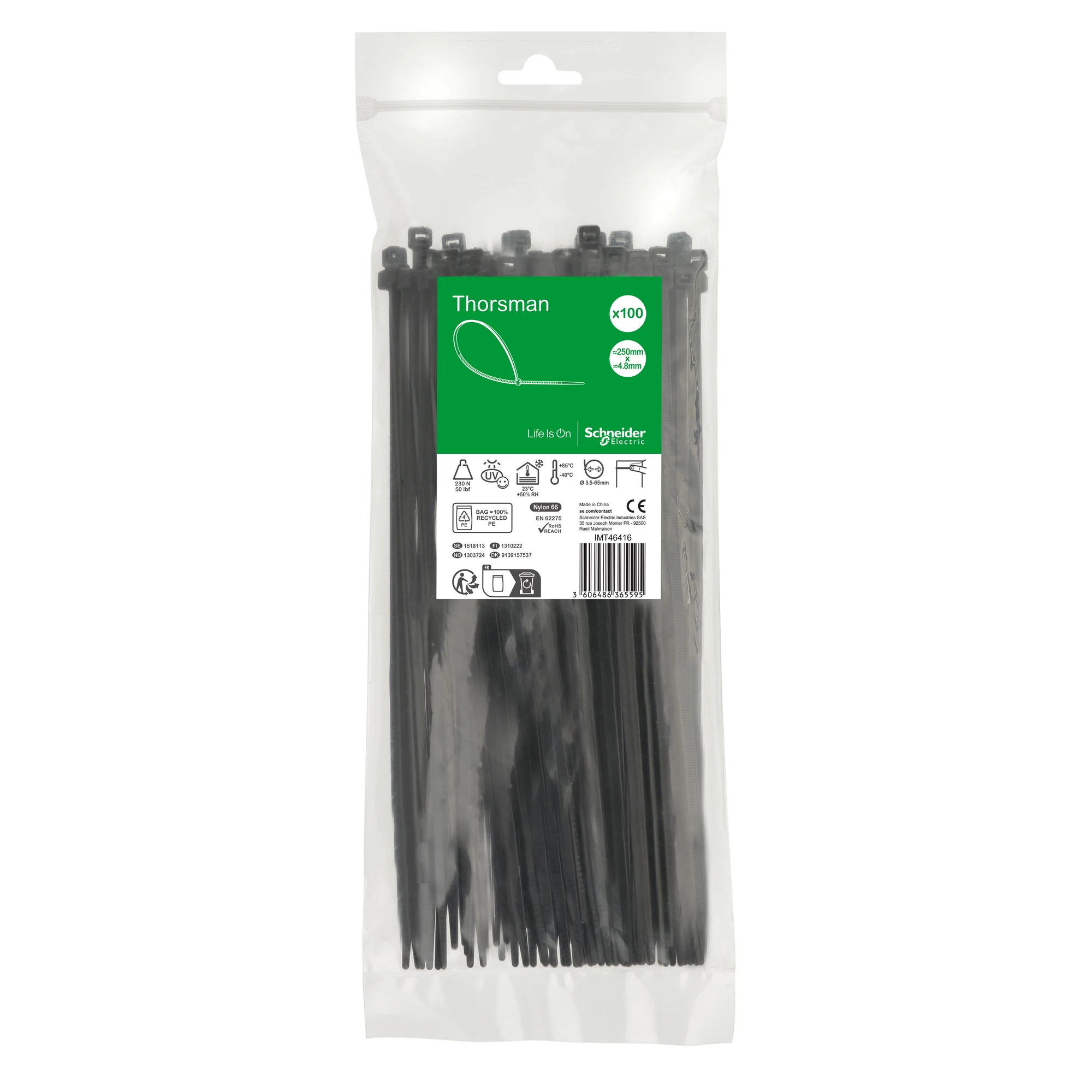Schneider Electric IMT46416 Cable tie Thorsman, dimensions: 250X4.8 mm, pack of 100 pieces color black (img_001) Schneider Electric IMT46416 Cable tie Thorsman, dimensions: 250X4.8 mm, pack of 100 pieces color black (img_001)