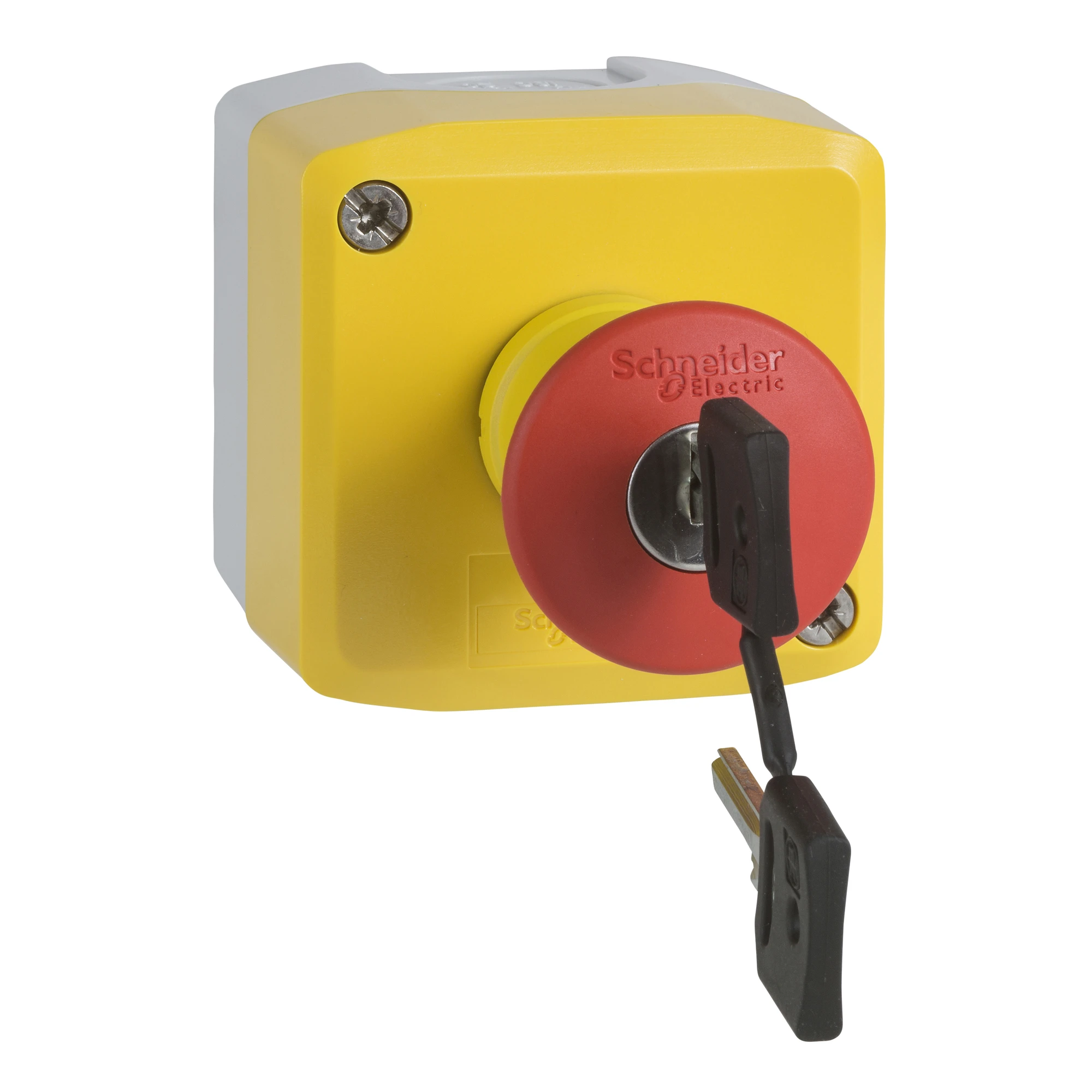 Schneider Electric XALK188F Surface-mounted enclosure, Harmony XALK, plastic, light gray, yellow, 1 emergency stop switch, key release, 2NC (img_001) Schneider Electric XALK188F Surface-mounted enclosure, Harmony XALK, plastic, light gray, yellow, 1 emergency stop switch, key release, 2NC (img_001)