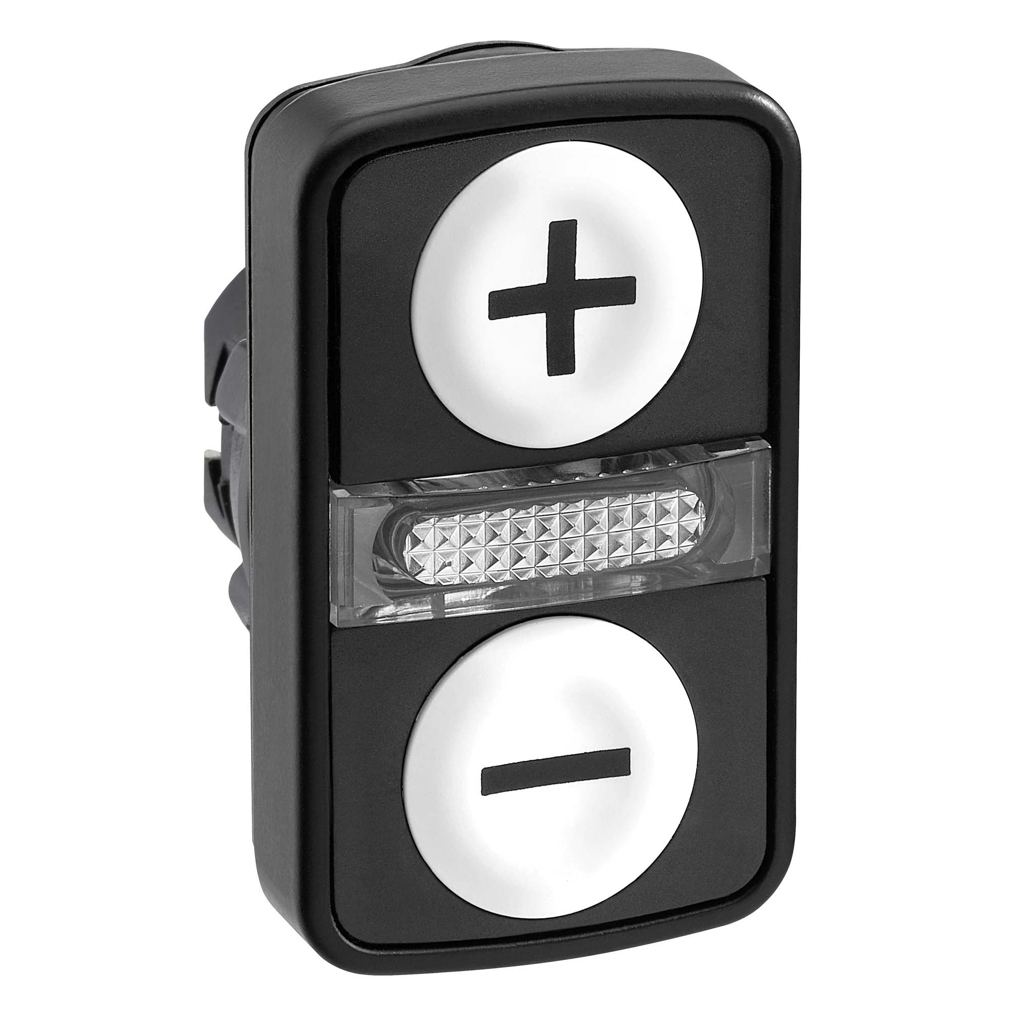 Schneider Electric ZB5AW7A1715 Double Push Button, Front Element, Harmony XB5, Plastic, 22mm, White, Labeled Plus/Minus, Illuminated (img_001)