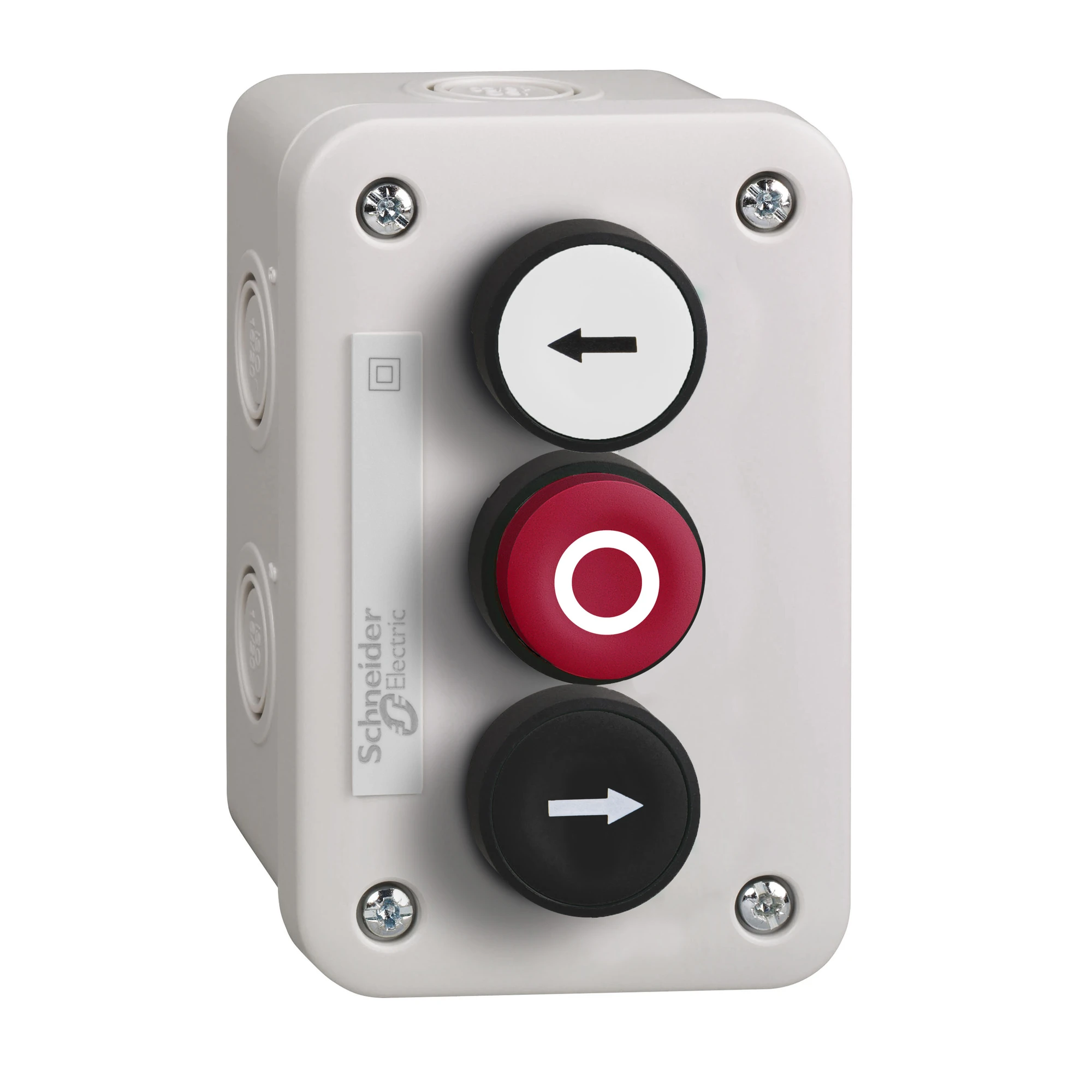 Schneider Electric XALE3255 Surface-mounted enclosure, Harmony XALE, plastic, light grey, 3 push-buttons, white, red, black, O, up-down arrows, 22mm (img_001) Schneider Electric XALE3255 Surface-mounted enclosure, Harmony XALE, plastic, light grey, 3 push-buttons, white, red, black, O, up-down arrows, 22mm (img_001)