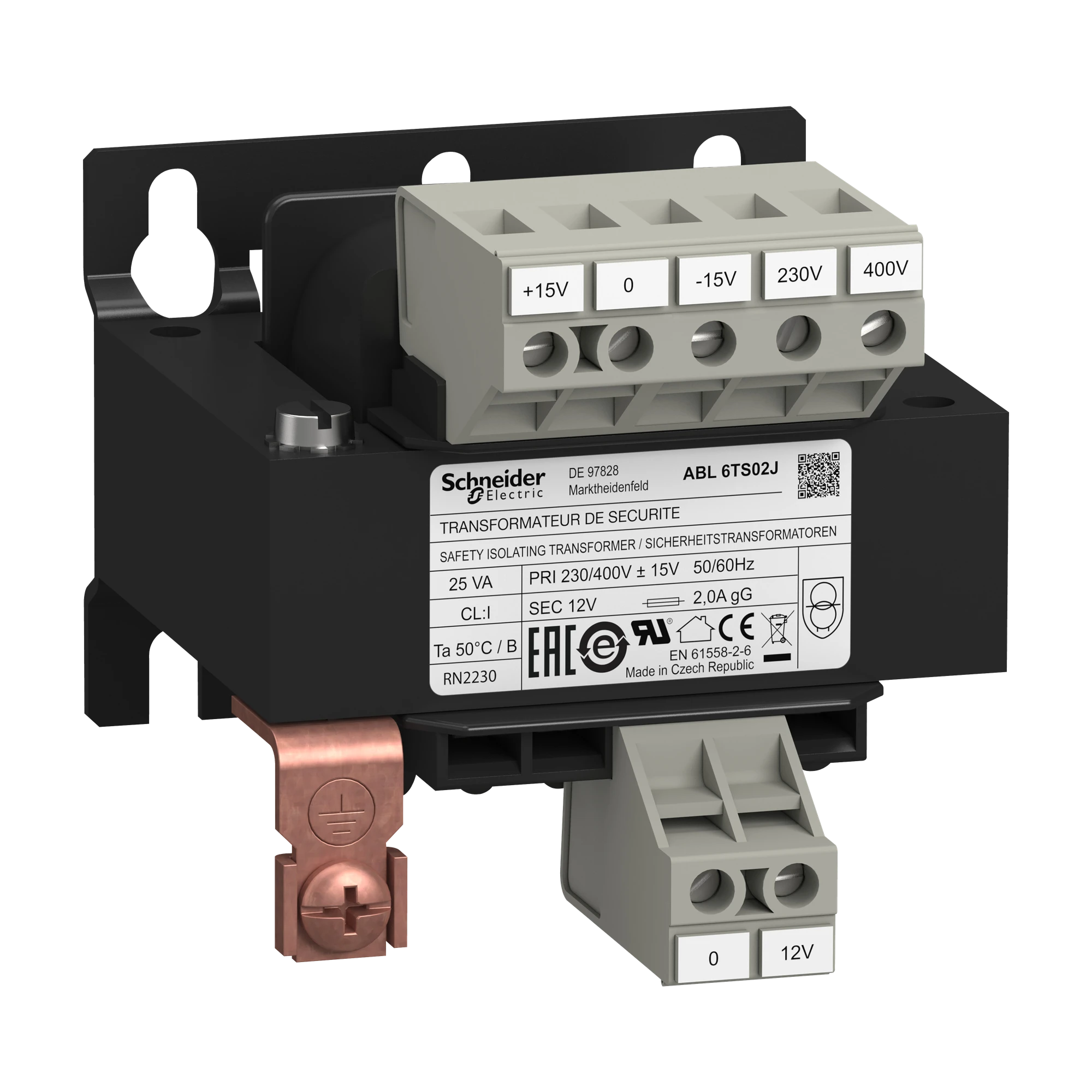 Schneider Electric ABL6TS02J Safety Isolation Transformer, Modicon ABL6, Input 230/400V AC, Output 12V AC, 25VA (img_001)