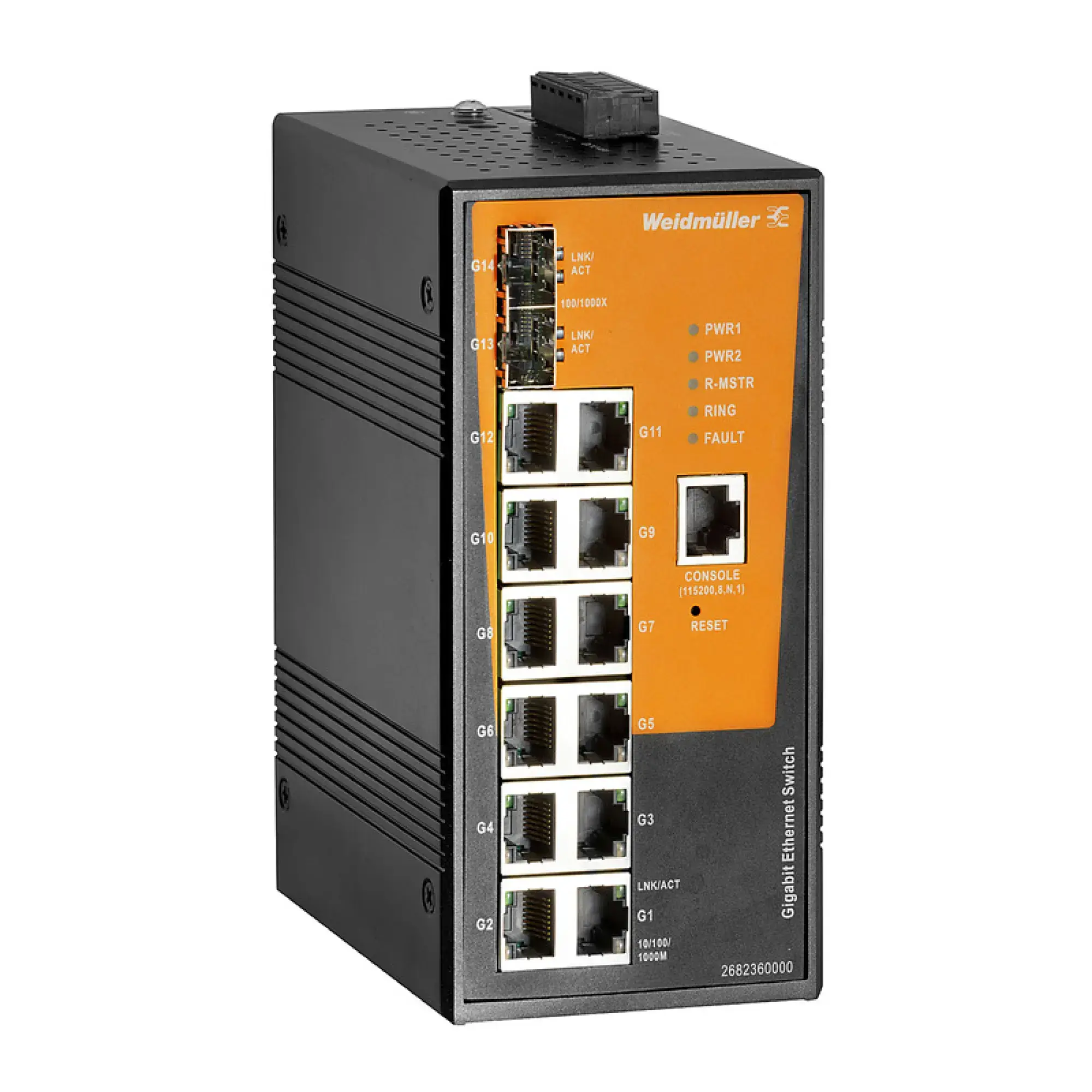 Weidmüller 2682360000 Network switch (managed), managed, Gigabit Ethernet, Number of ports: 12x RJ45, 2 * Slots 100/1000BaseSFP, -40 °C...75 °C, IP30 (img_001) Weidmüller 2682360000 Network switch (managed), managed, Gigabit Ethernet, Number of ports: 12x RJ45, 2 * Slots 100/1000BaseSFP, -40 °C...75 °C, IP30 (img_001)