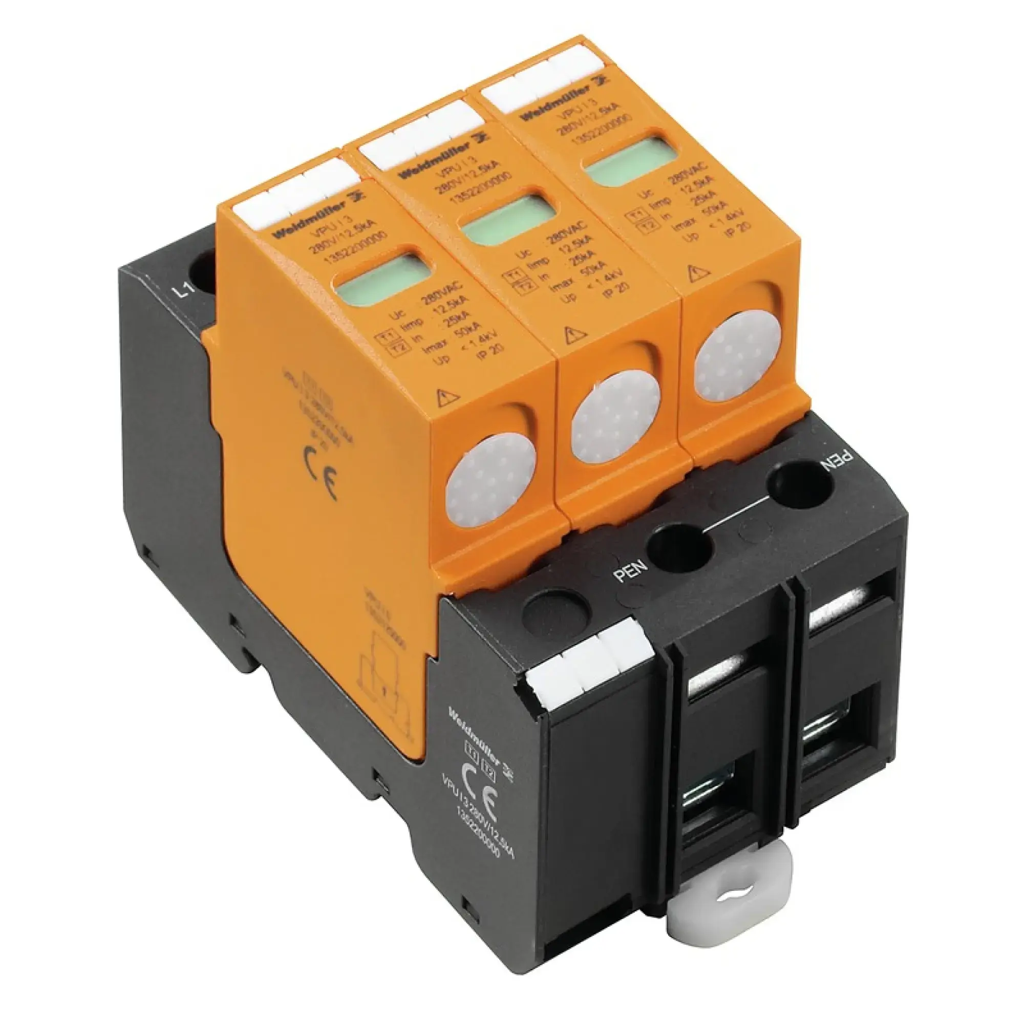 Weidmüller 1352200000 Surge voltage arrester (power supply systems), without telecomm. contact, Type I + II, Low voltage network: TN-C, III, IV, AC, 230 V (img_001) Weidmüller 1352200000 Surge voltage arrester (power supply systems), without telecomm. contact, Type I + II, Low voltage network: TN-C, III, IV, AC, 230 V (img_001)