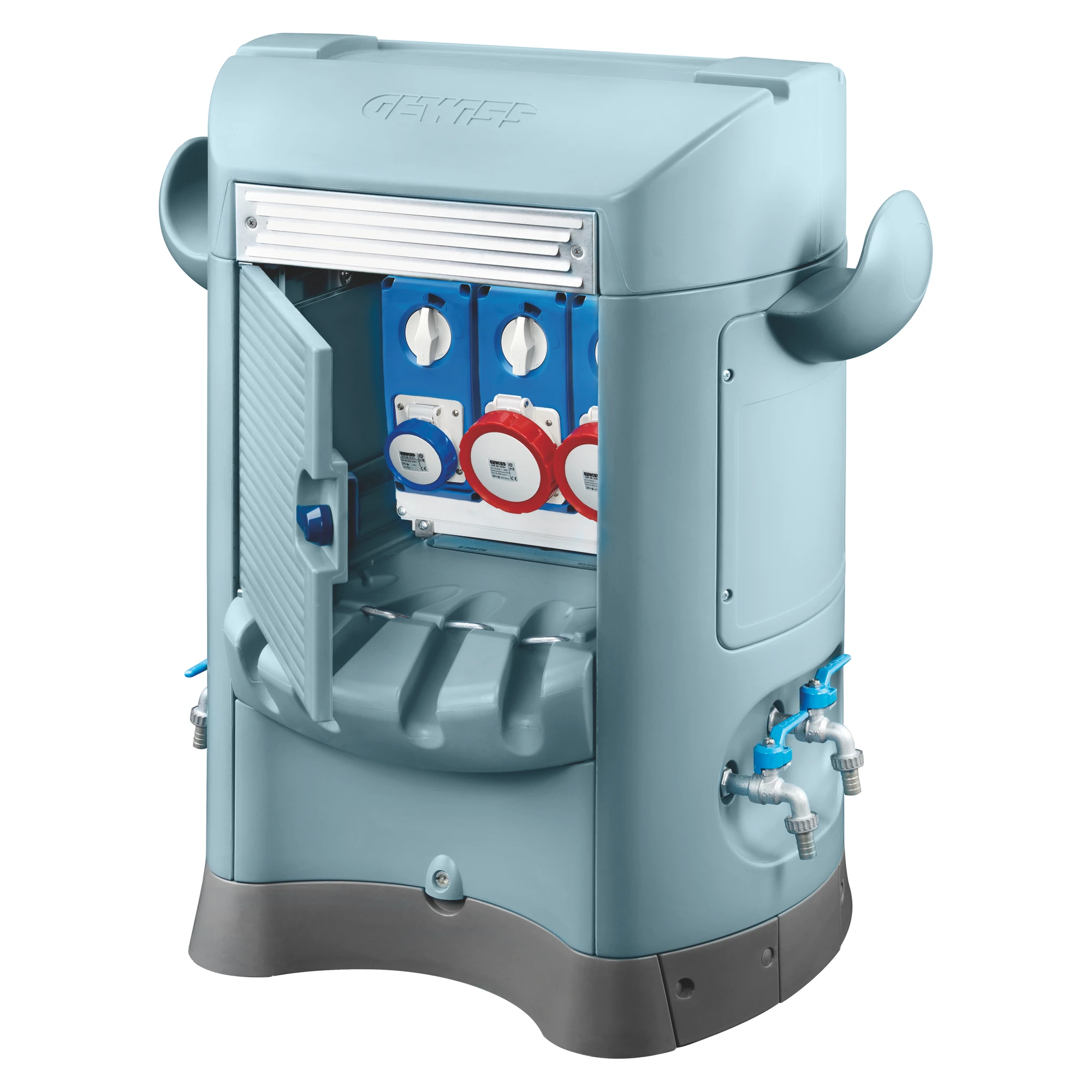 GEWISS GW68803A QMC125B - WIRED - SINGLE SIDE TAKE-OFF - 1 SOCKET OUTLET 2P+E 16A + 2 SOCKET OUTLET 3P+N+E 32A - IP55 - LIGHT BLUE (img_001)