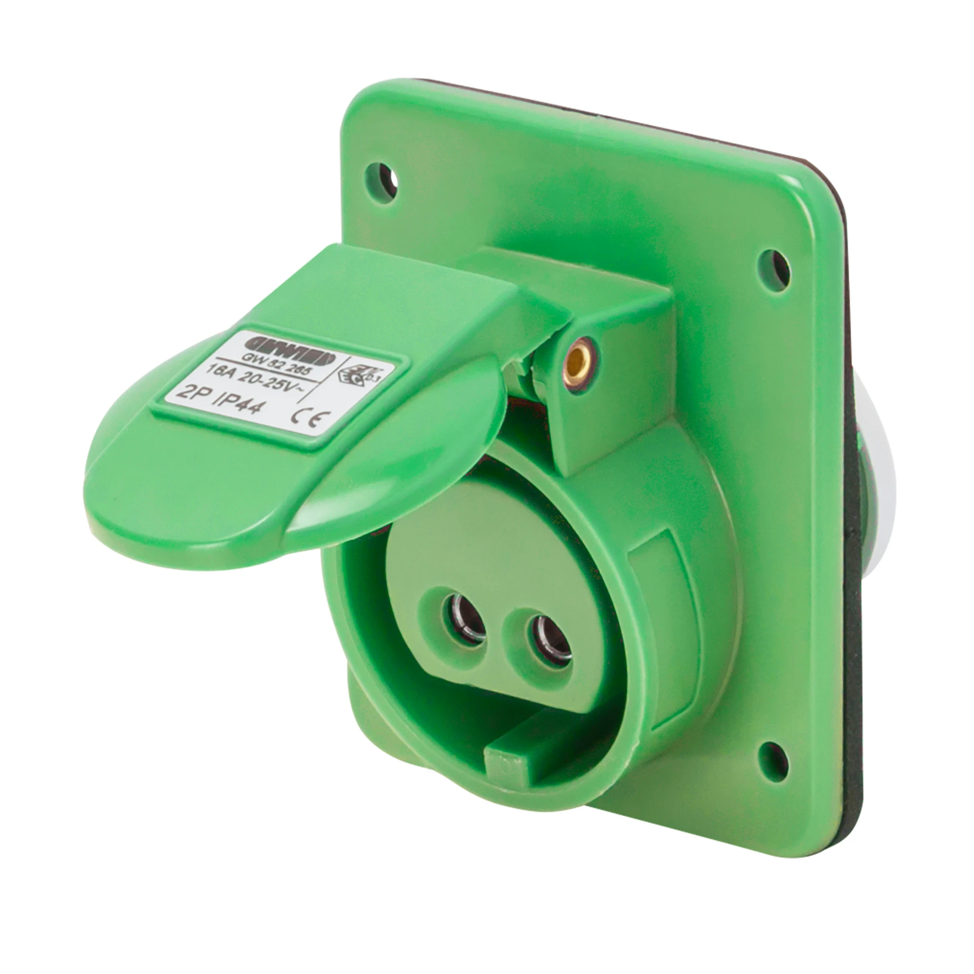 GEWISS GW62271 10° ANGLED FLUSH-MOUNTING SOCKET-OUTLET - IP44 - 2P 16A 20-25V and 40-50V 401-500HZ - GREEN - 11H - SCREW WIRING (img_001)