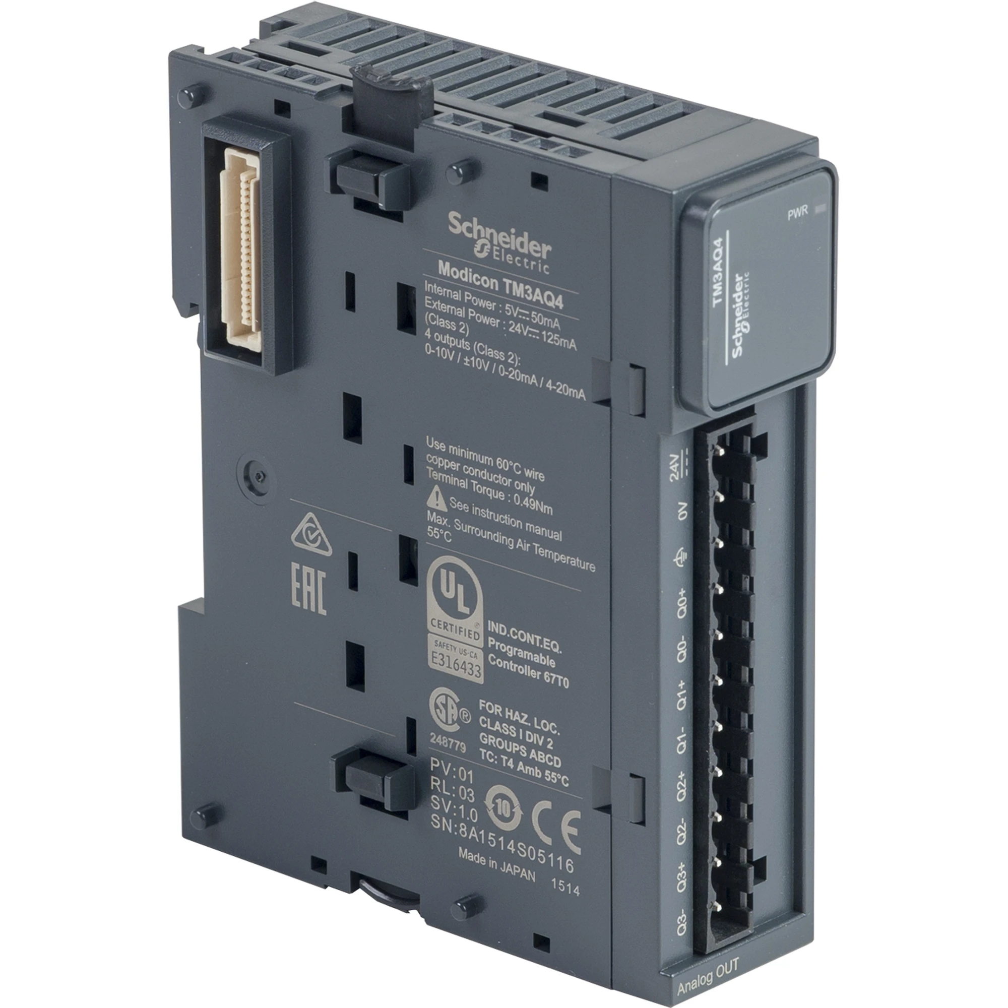 Schneider Electric TM3AQ4 Analog Output Module, Modicon TM3, 4 Outputs, Voltage / Current, Resolution 12 Bit, Screw Terminals (img_001)