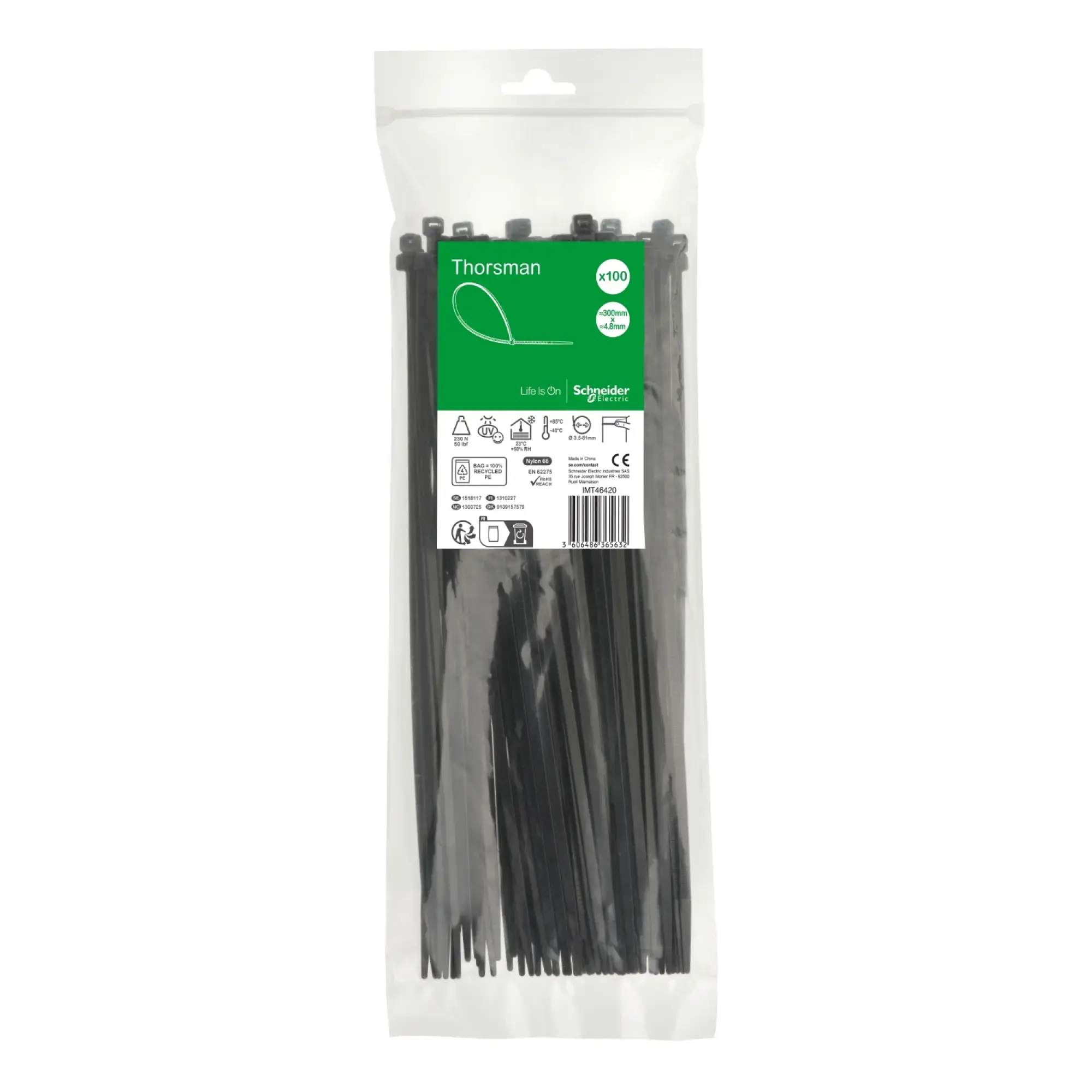 Schneider Electric IMT46420 Thorsman Cable Ties, Dimension: 300X4.8 mm, PCK=100 pieces Color black (img_002) Schneider Electric IMT46420 Thorsman Cable Ties, Dimension: 300X4.8 mm, PCK=100 pieces Color black (img_002)