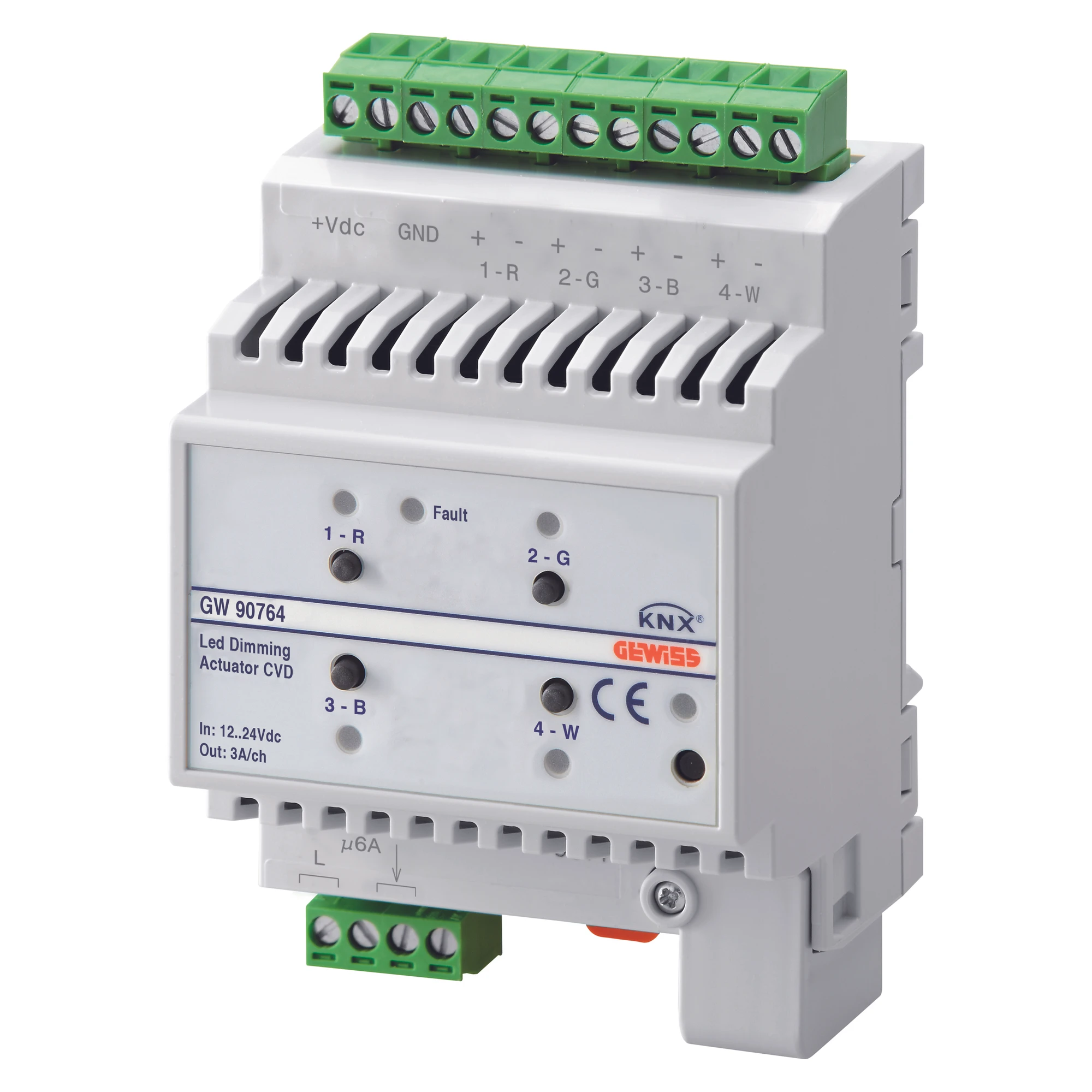 GEWISS GW90764 DIMMER ACTUATOR FOR LED - 12-24Vdc - CVD - 4 CHANNELS - KNX - IP20 - 4 MODULES - DIN RAIL MOUNTING (img_001)