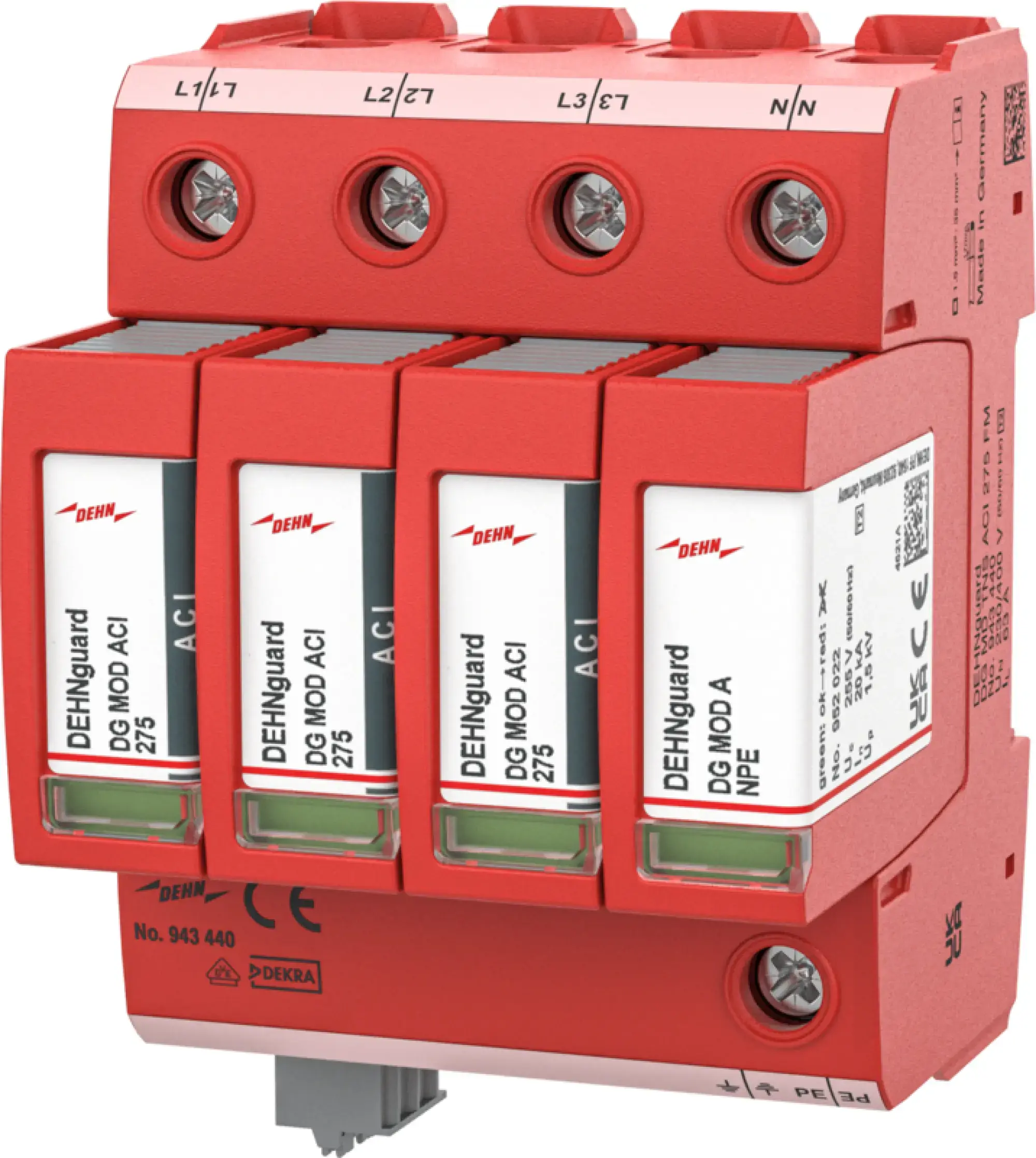 Dehn 943440 Ueberspannungsableiter Typ 2 DEHNguard MD 4-polig fuer TN-S-Systeme mit ACI (img_001) Dehn 943440 Ueberspannungsableiter Typ 2 DEHNguard MD 4-polig fuer TN-S-Systeme mit ACI (img_001)