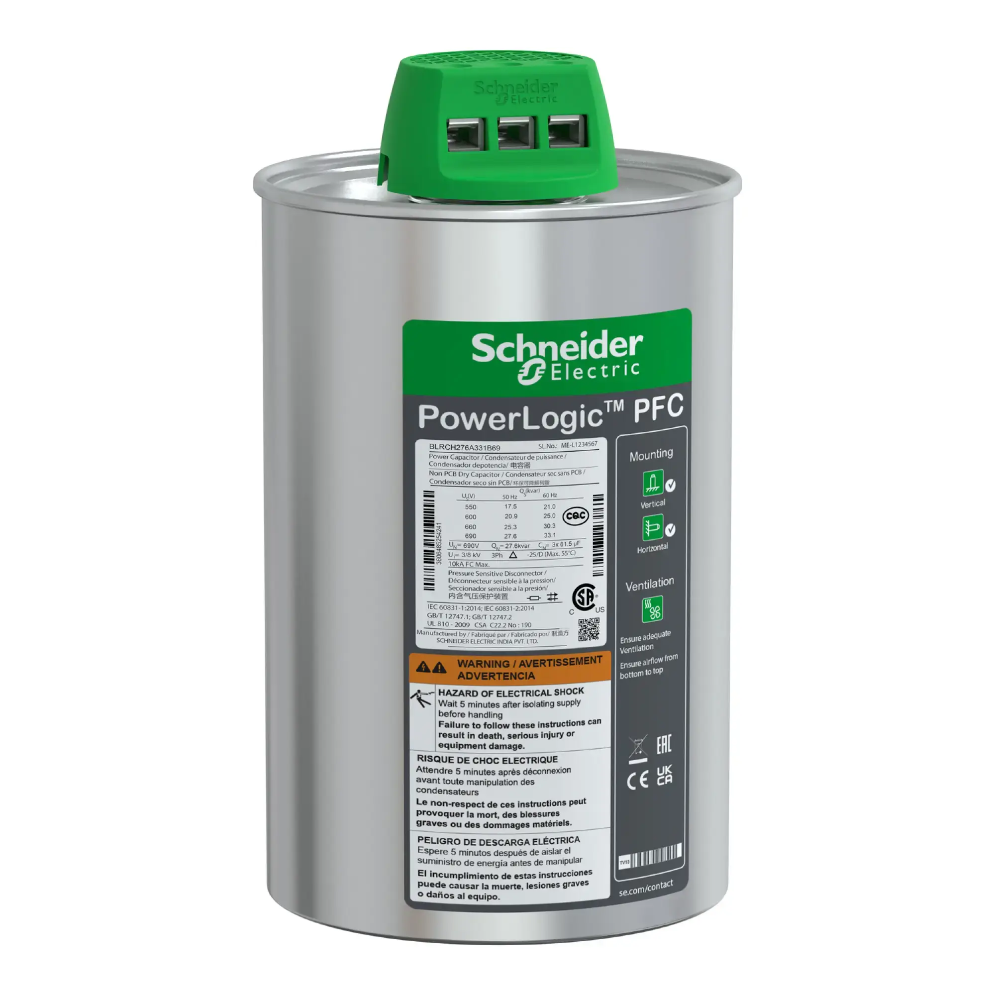 Schneider Electric BLRCH276A331B69 High-performance capacitor, PowerLogic PFC HD, 27.6/33.1kvar, 690V, 50/60Hz (img_002)