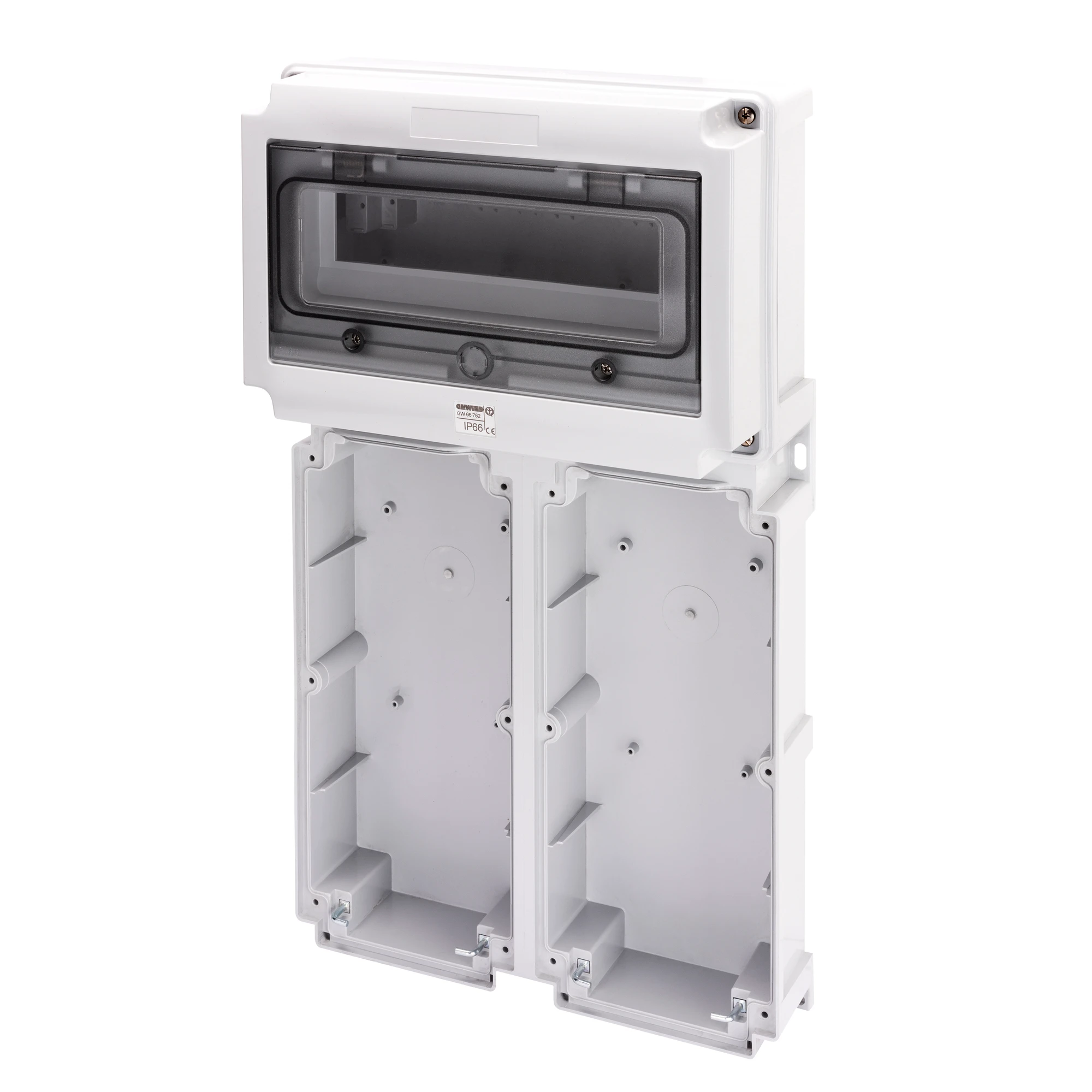 GEWISS GW66782 MODULAR BASE WITH PANEL WITH WINDOW AND EN50022 RAIL - 2 SOCKET OUTLET 16/32A / SELV - 12 MOD.EN50022 - IP66 (img_001)
