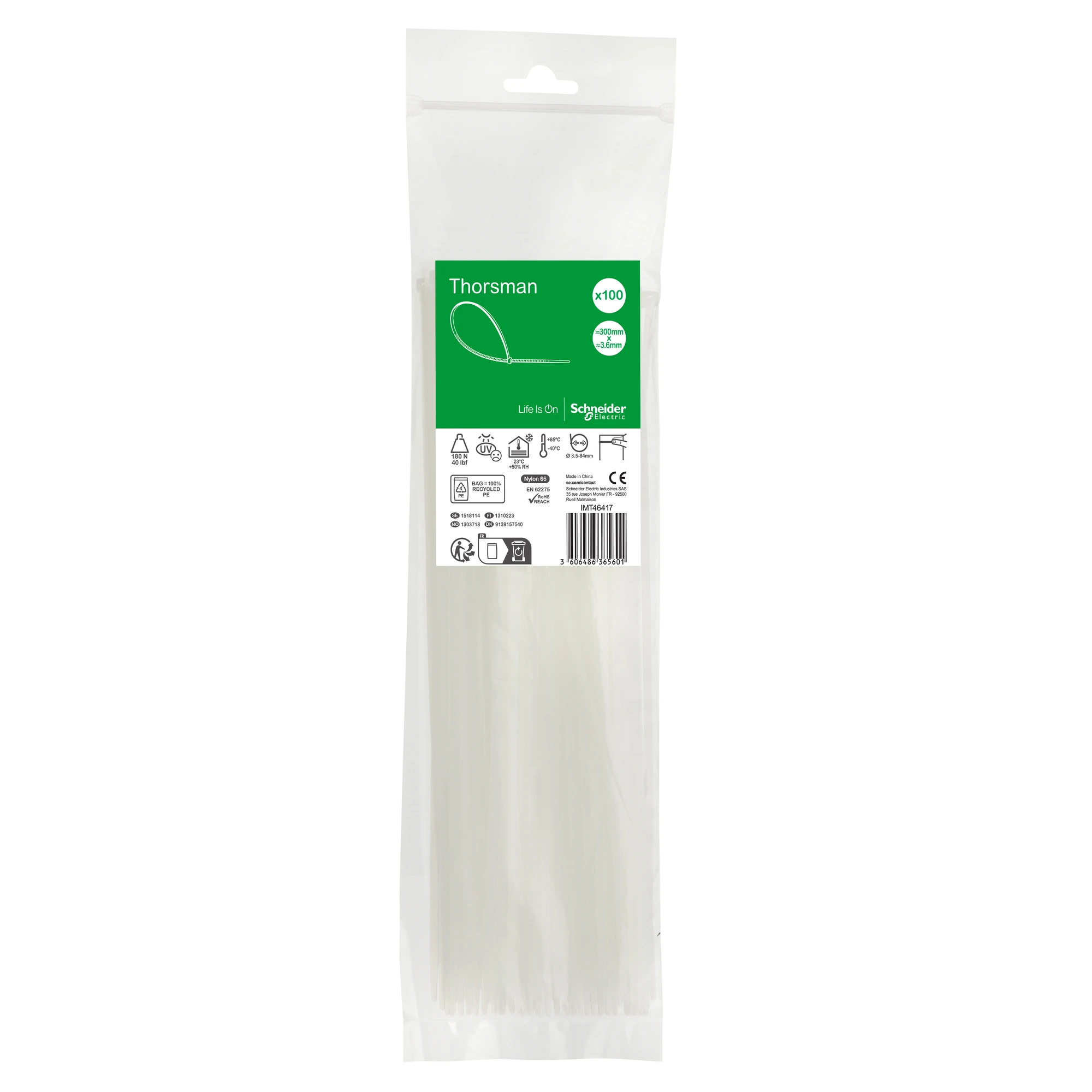 Schneider Electric IMT46417 Thorsman Cable Ties, Dimensions: 300X3.6 mm, Pack of 100 Pieces Color: clear (img_001)