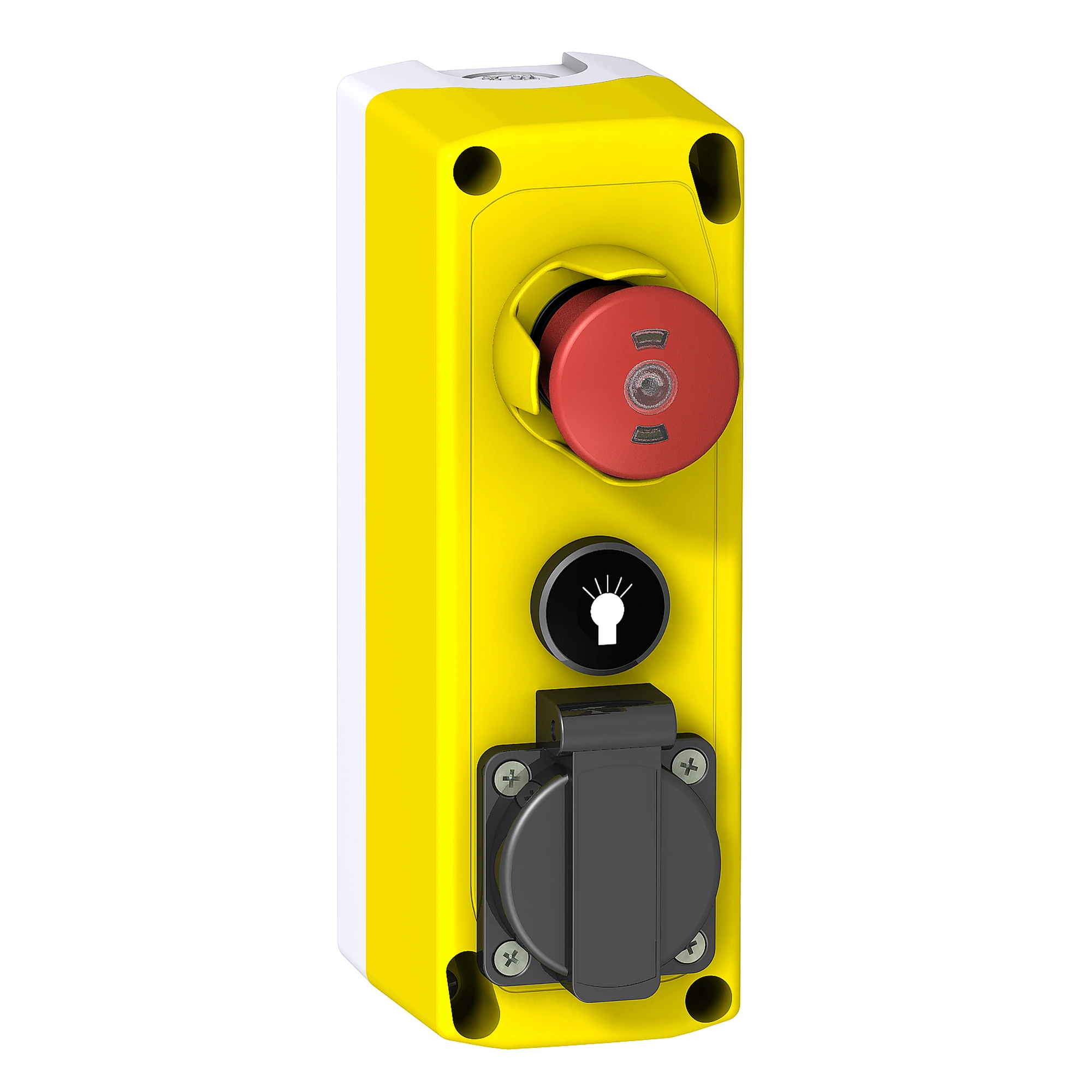 Schneider Electric XALFK2001E Surface mounting enclosure, Harmony XALF, plastic, light grey, yellow, 1 emergency stop switch, 1 push-button, 1 socket, 2NC+1NO (img_001) Schneider Electric XALFK2001E Surface mounting enclosure, Harmony XALF, plastic, light grey, yellow, 1 emergency stop switch, 1 push-button, 1 socket, 2NC+1NO (img_001)