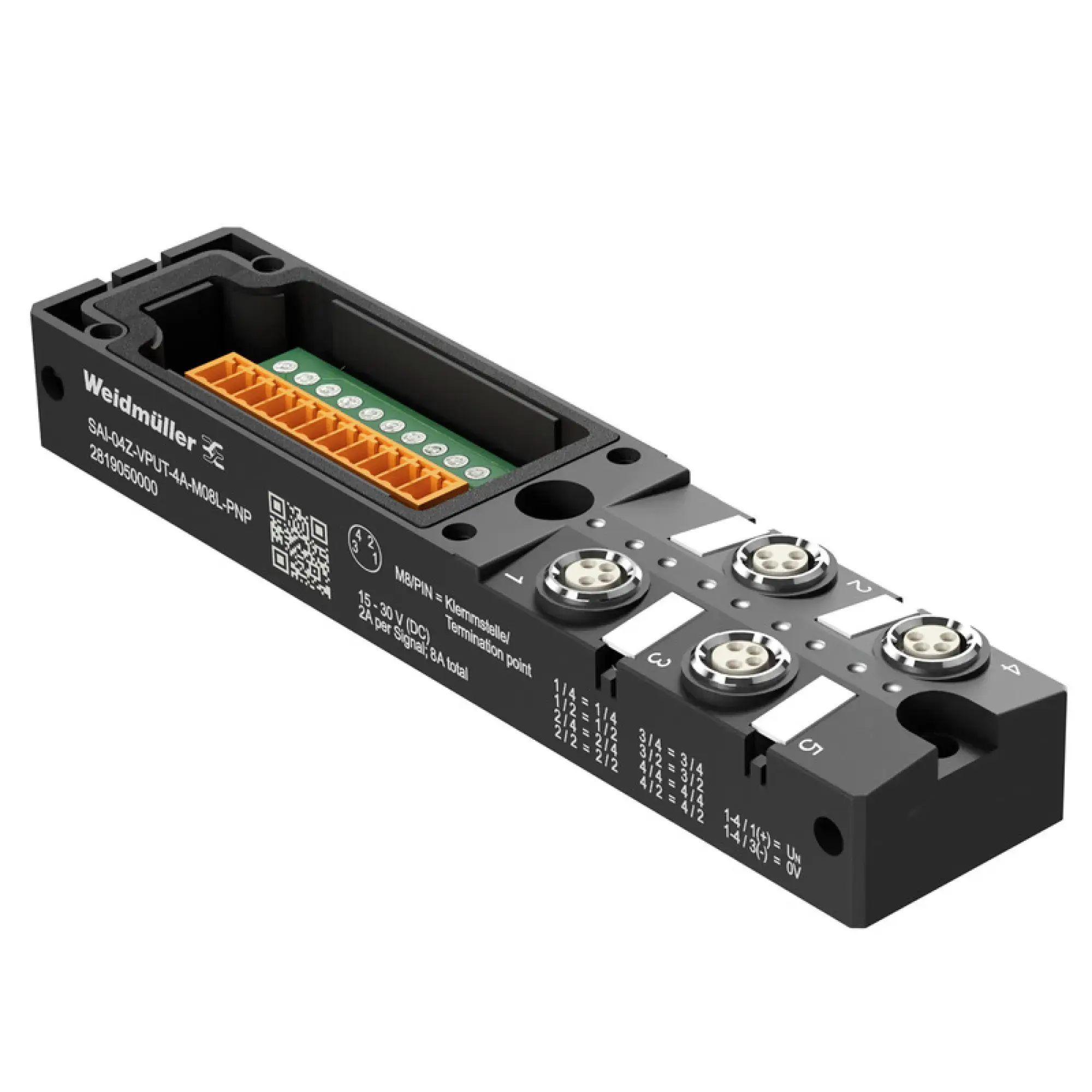 Weidmüller 2819050000 Sensor-actuator passive distributor (without cable), Hood distributor lower part, M8, 30 V, LED: Yes, LED initiator: Yes, Wiring type: PNP (img_001)