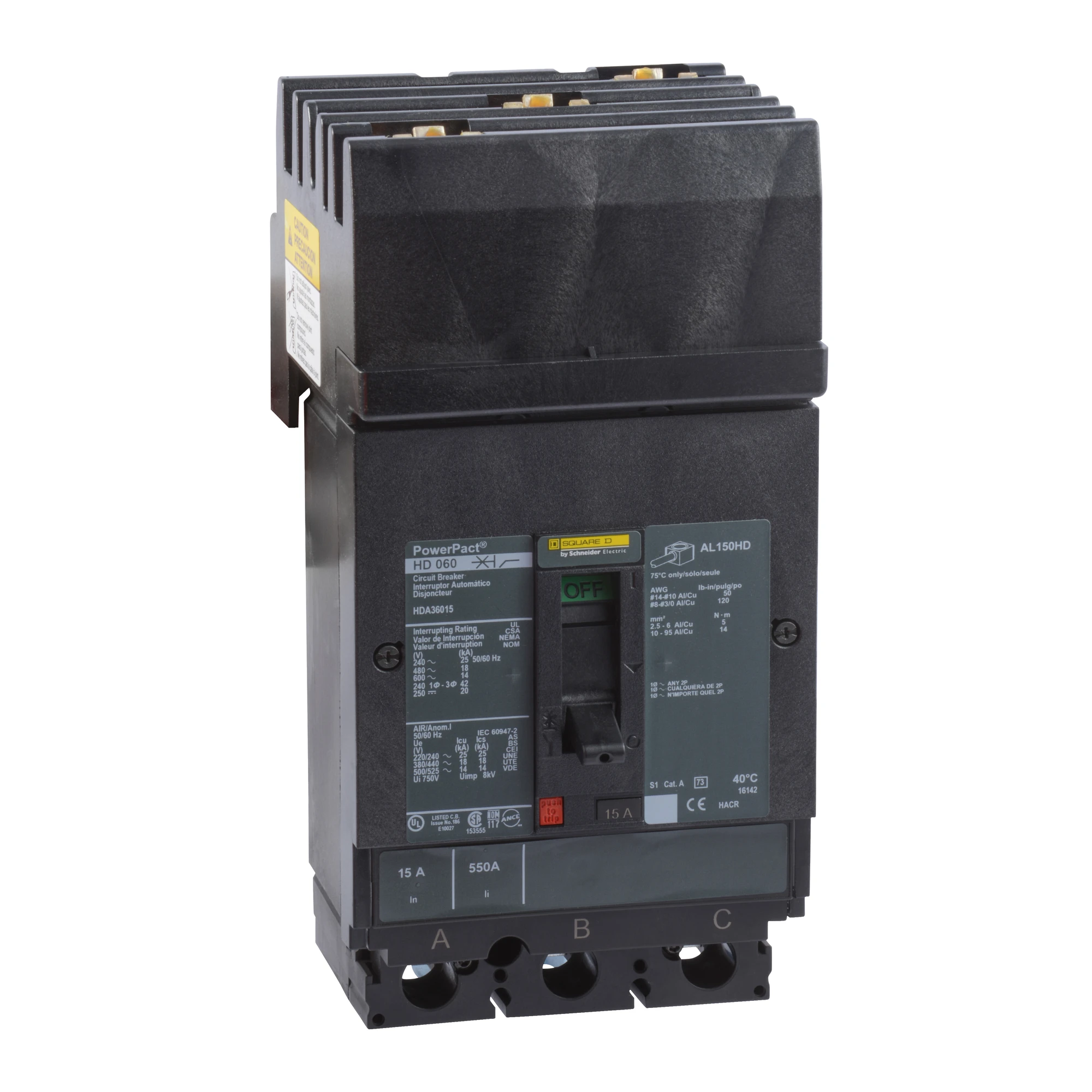 Schneider Electric HDA36015 Compact Power Circuit Breaker PowerPacT H I-Line, TMD 15A, 3P, 14kA/600V AC (img_001)