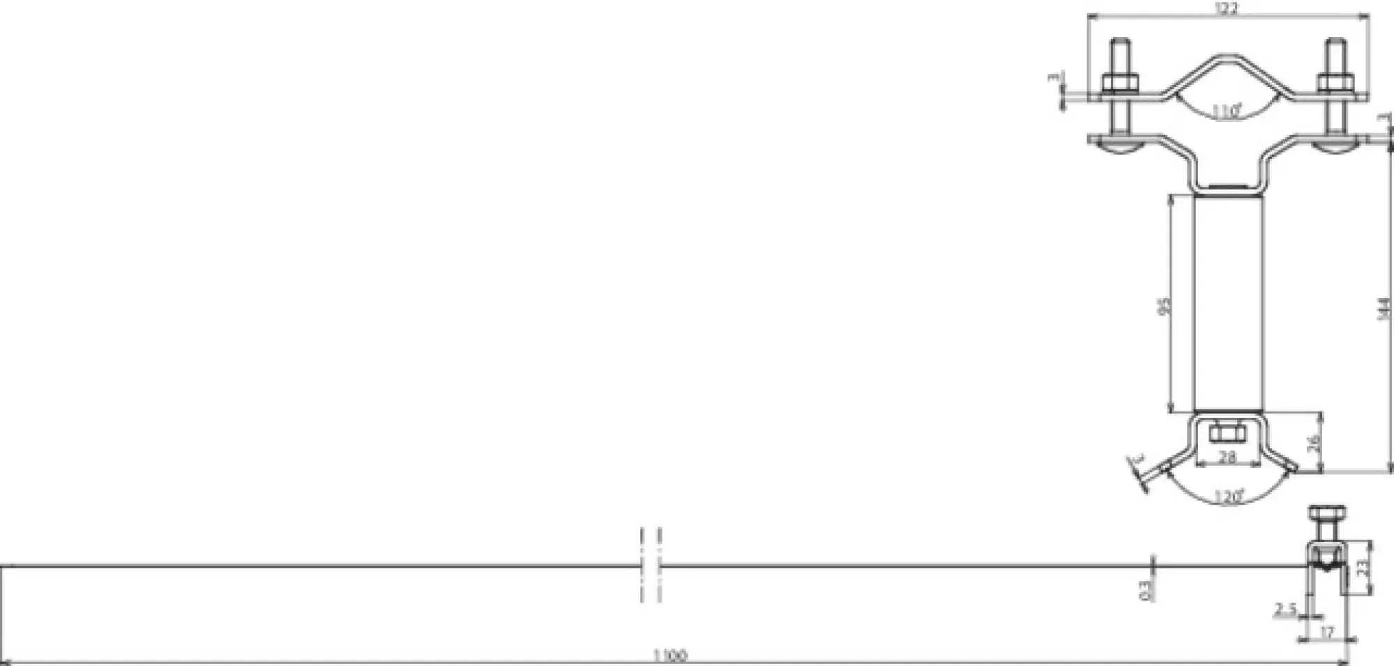 Dehn 105163 Fixing clamp w. spacer bar 95mm f. pipes D 40-50mm on sector antennas D 50-300mm (img_002)