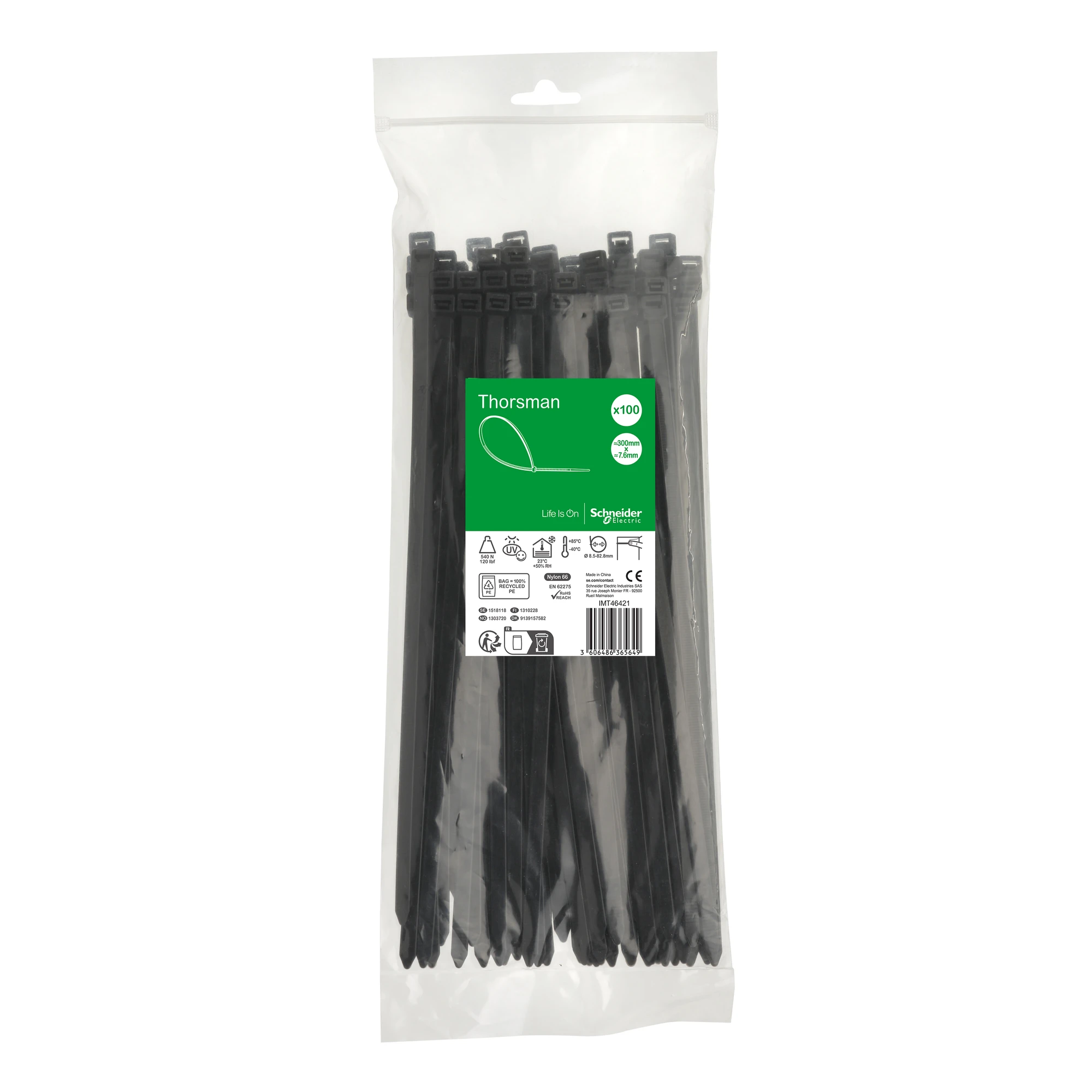 Schneider Electric IMT46421 Thorsman Cable Ties, Dimension: 300X7.6 mm, Pack of 100, Color black (img_001)