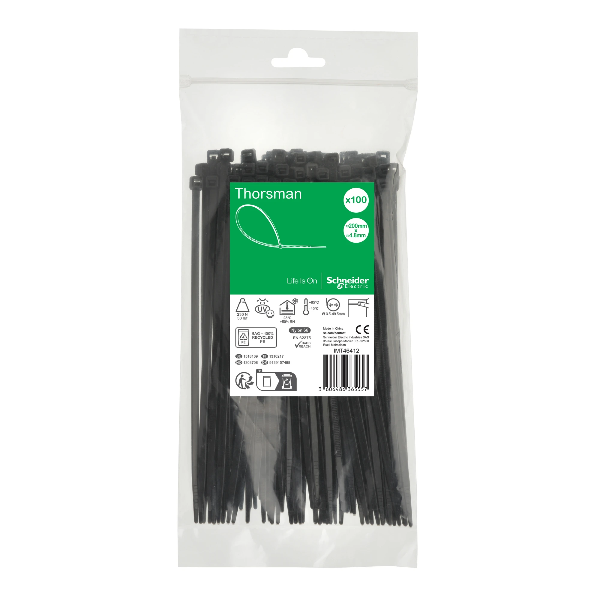 Schneider Electric IMT46412 Thorsman Cable Ties, Dimension: 200X4.8 mm, Packaging of 100 Pieces Color black (img_001) Schneider Electric IMT46412 Thorsman Cable Ties, Dimension: 200X4.8 mm, Packaging of 100 Pieces Color black (img_001)