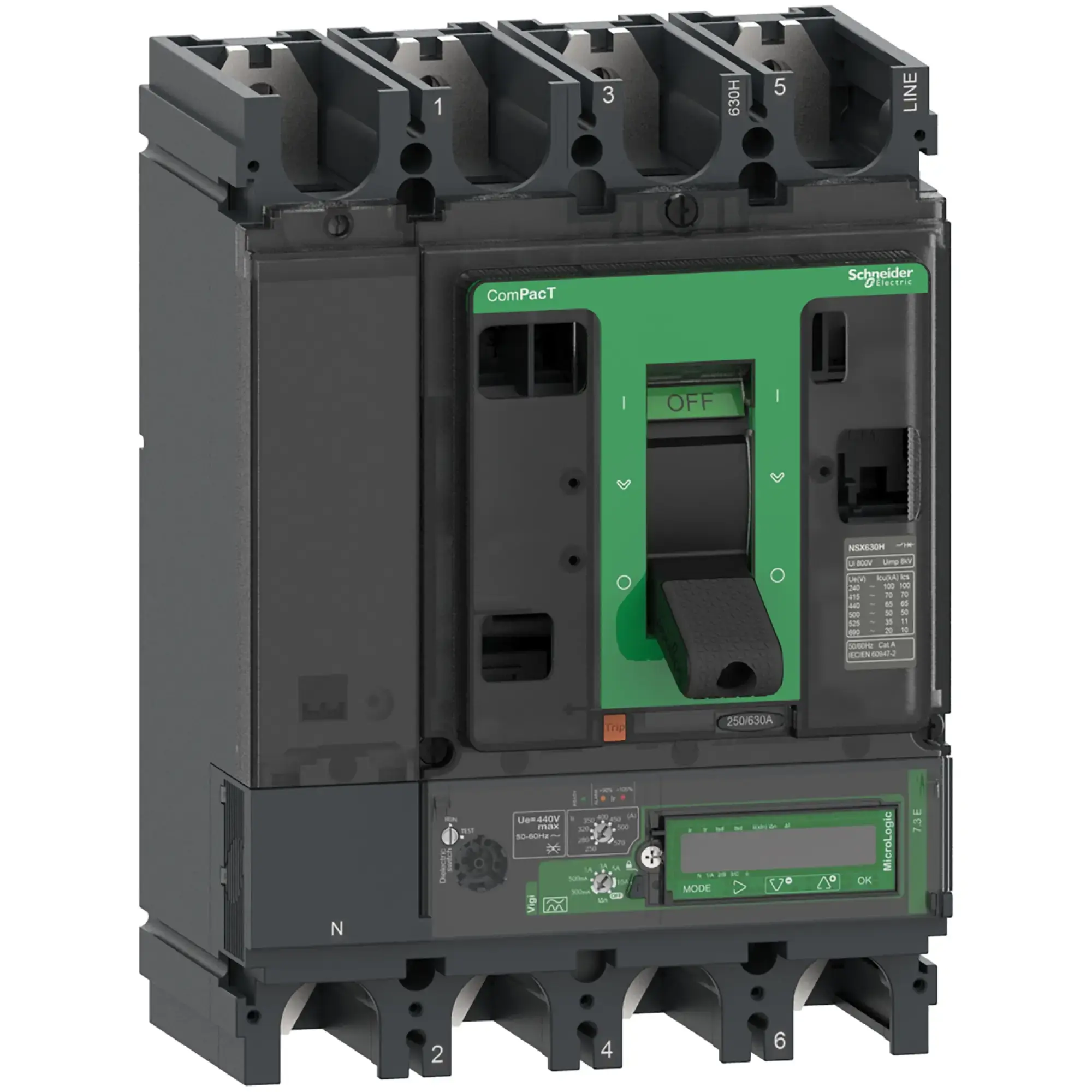 Schneider Electric C63H47E570 Compact Power Circuit Breaker ComPacT NSX630H, 70kA/415 VAC, MicroLogic 7.3 E Vigi 570 A, 4P4D (img_002)