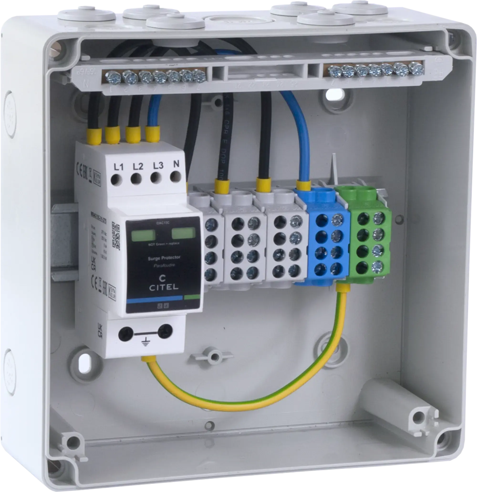Citel 159145 Anschlusskasten für Hauptstromversorgungen, TNS-TT Netz, mit SPD Typ 3 (img_001) Citel 159145 Anschlusskasten für Hauptstromversorgungen, TNS-TT Netz, mit SPD Typ 3 (img_001)