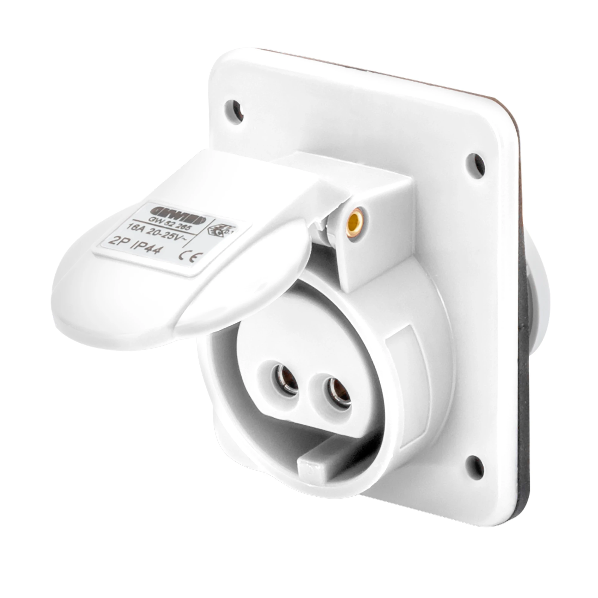 GEWISS GW62282 10° ANGLED FLUSH-MOUNTING SOCKET-OUTLET - IP44 - 2P 32A 20-25V and 40-50V d.c. - WHITE - 10H - SCREW WIRING (img_001)