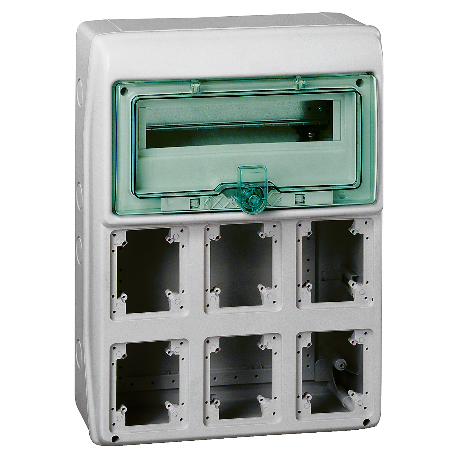 Schneider Electric Kaedra Empty Enclosure, 6 Mounting Spots for Sockets 90x100mm, 12+1 TE Schneider Electric Kaedra Empty Enclosure, 6 Mounting Spots for Sockets 90x100mm, 12+1 TE