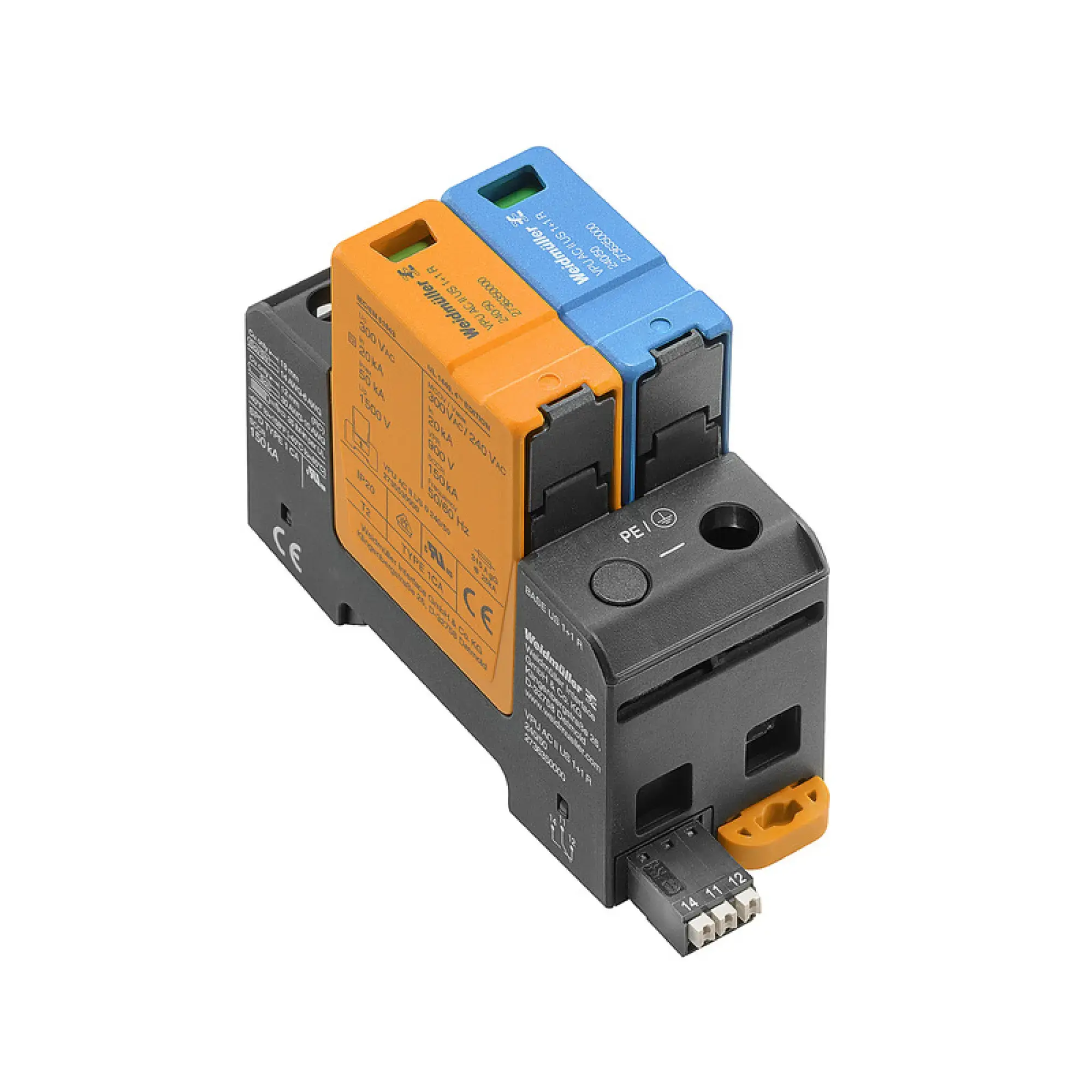 Weidmüller 2736350000 Surge voltage arrester (power supply systems), Surge protection, with remote contact, Type II, Low voltage network: Single-phase, TN, TT, IT with N, (img_001)