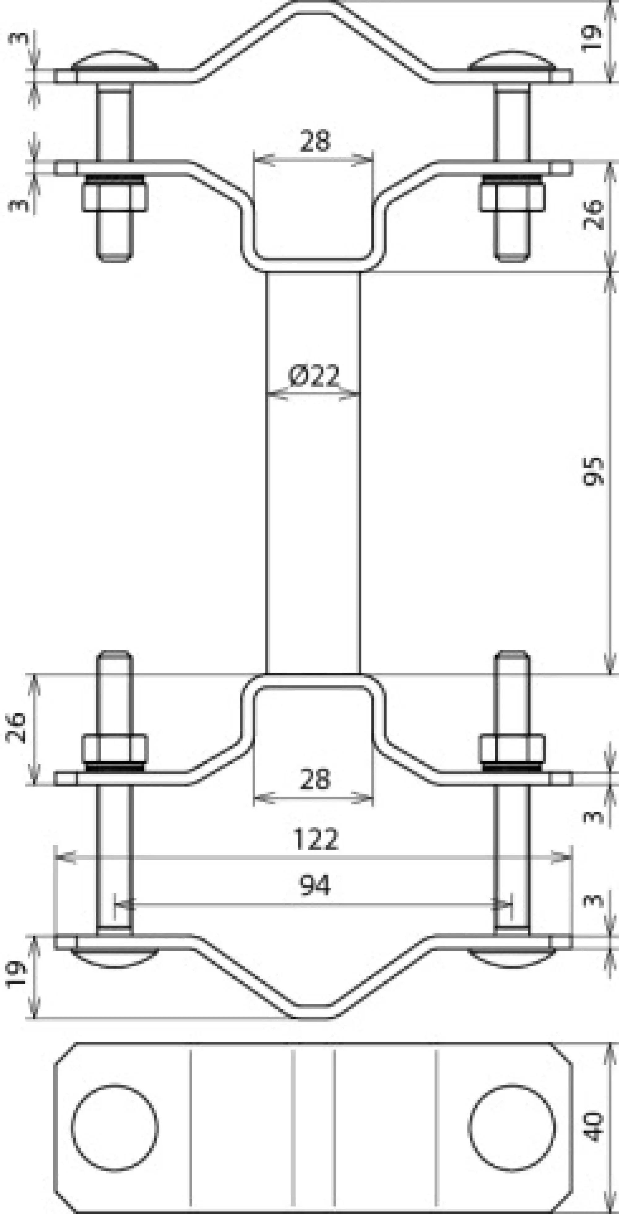 Dehn 105162 Fixing clamp for tubes D 40mm / D 45-65mm w. spacer L 95mm StSt (img_002)