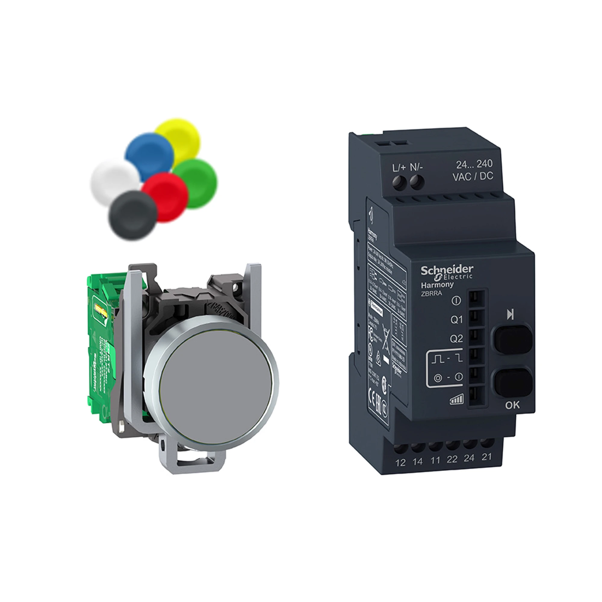 Schneider Electric XB4RFA02 Combo Pack, Wireless Pushbutton, Receiver, Programmable, Metal, Ø22mm, 24-240V ACDC, 10 Colored Cap Set (img_001) Schneider Electric XB4RFA02 Combo Pack, Wireless Pushbutton, Receiver, Programmable, Metal, Ø22mm, 24-240V ACDC, 10 Colored Cap Set (img_001)