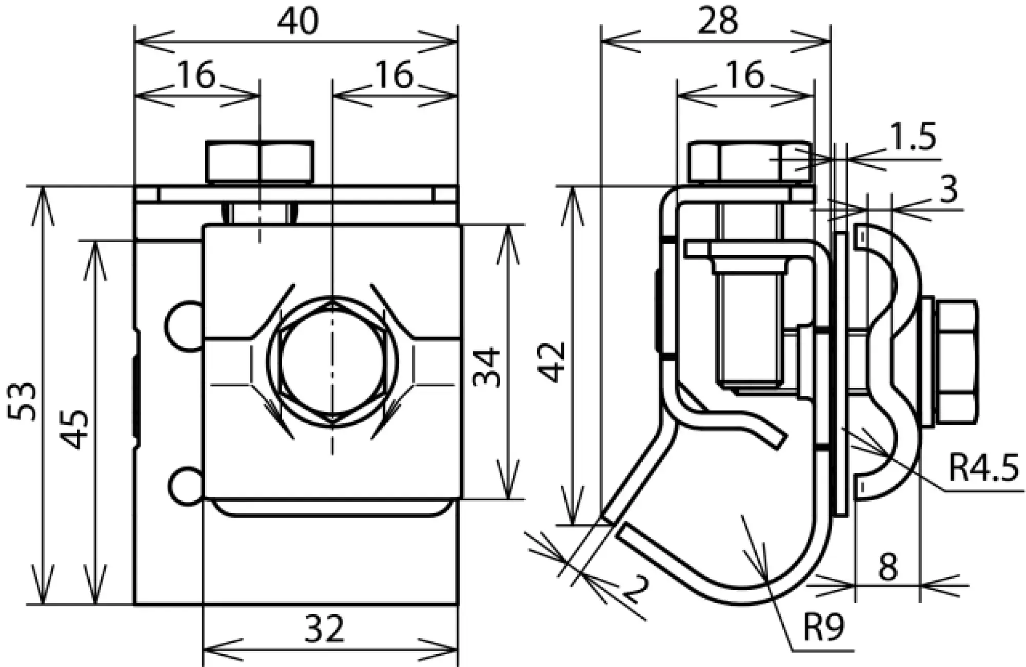 Dehn 339157 Bimetallic gutter clamp, Cu-St/tZn with double cleat for Rd 8-10mm (img_002) Dehn 339157 Bimetallic gutter clamp, Cu-St/tZn with double cleat for Rd 8-10mm (img_002)
