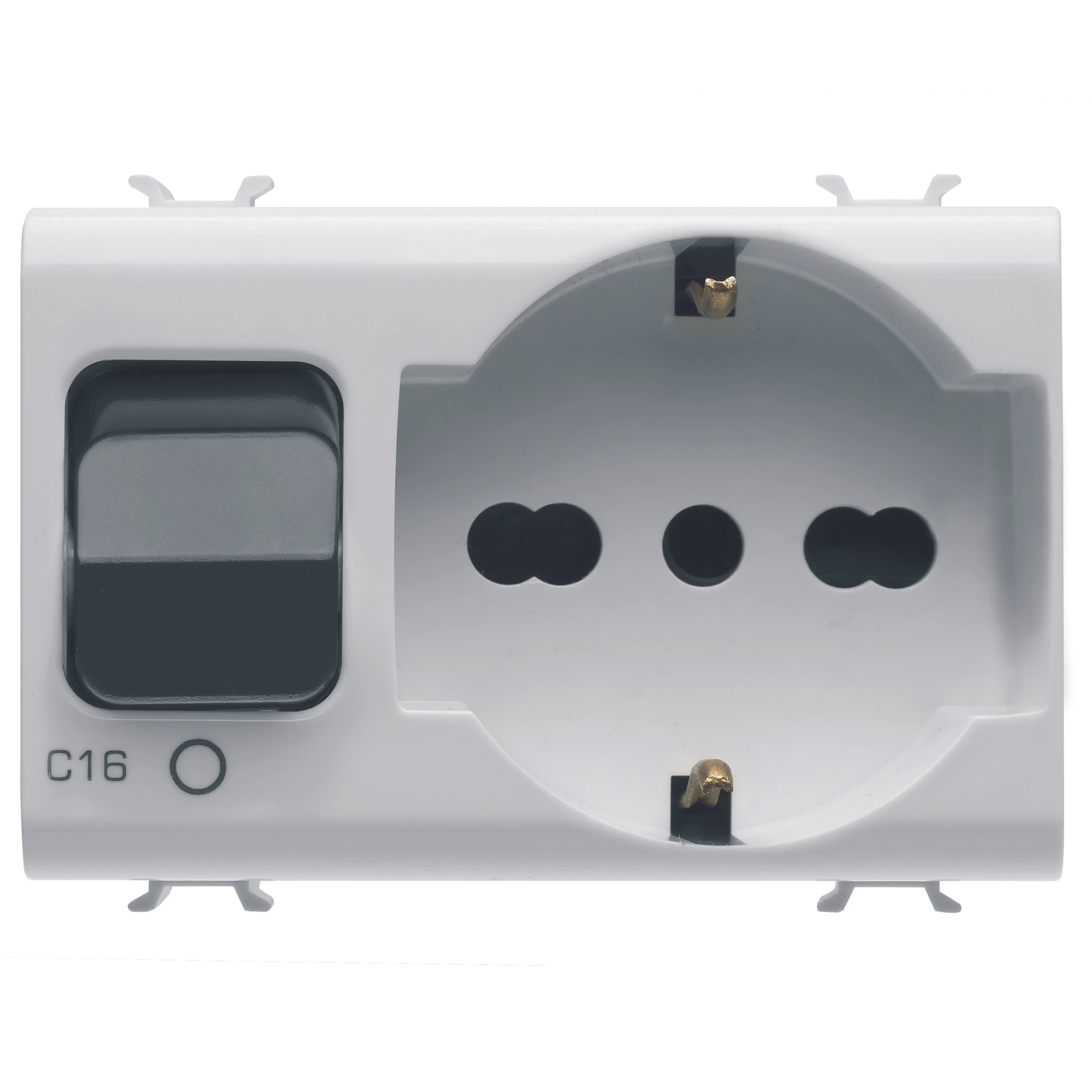 GEWISS GW10312 INTERLOCKED SWITCHED SOCKET-OUTLET - 2P+E 16A P40 - WITH MINIATURE CIRCUIT BREAKER 1P+N 16A - 230V ac - 3 MODULES - GLOSSY WHITE - CHORUSMART. (img_001)