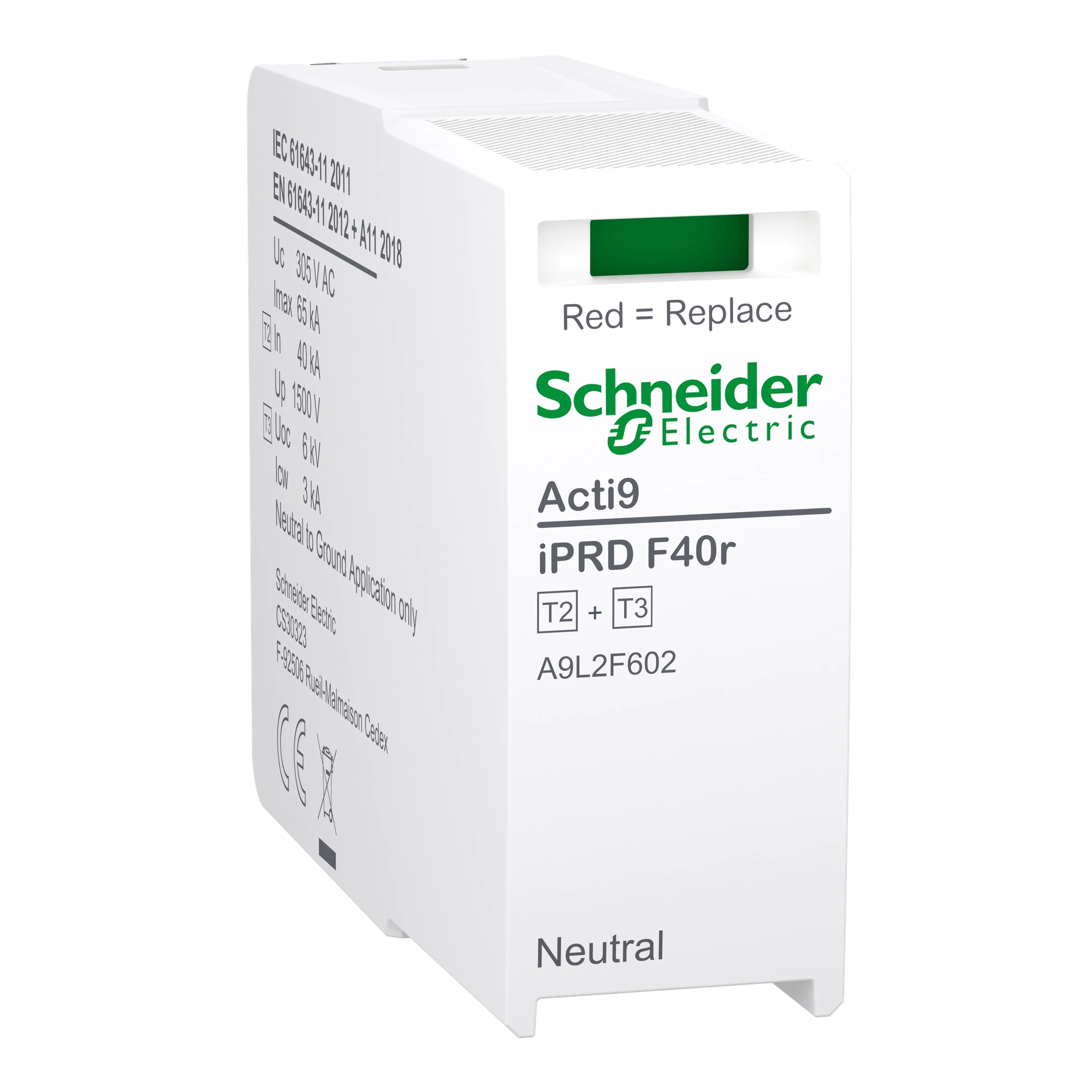 Schneider Electric A9L2F602 Replacement protection module for surge protector iPRD F40r 3P+N, Type 2+3, N-PE module, int. fuse (img_001)