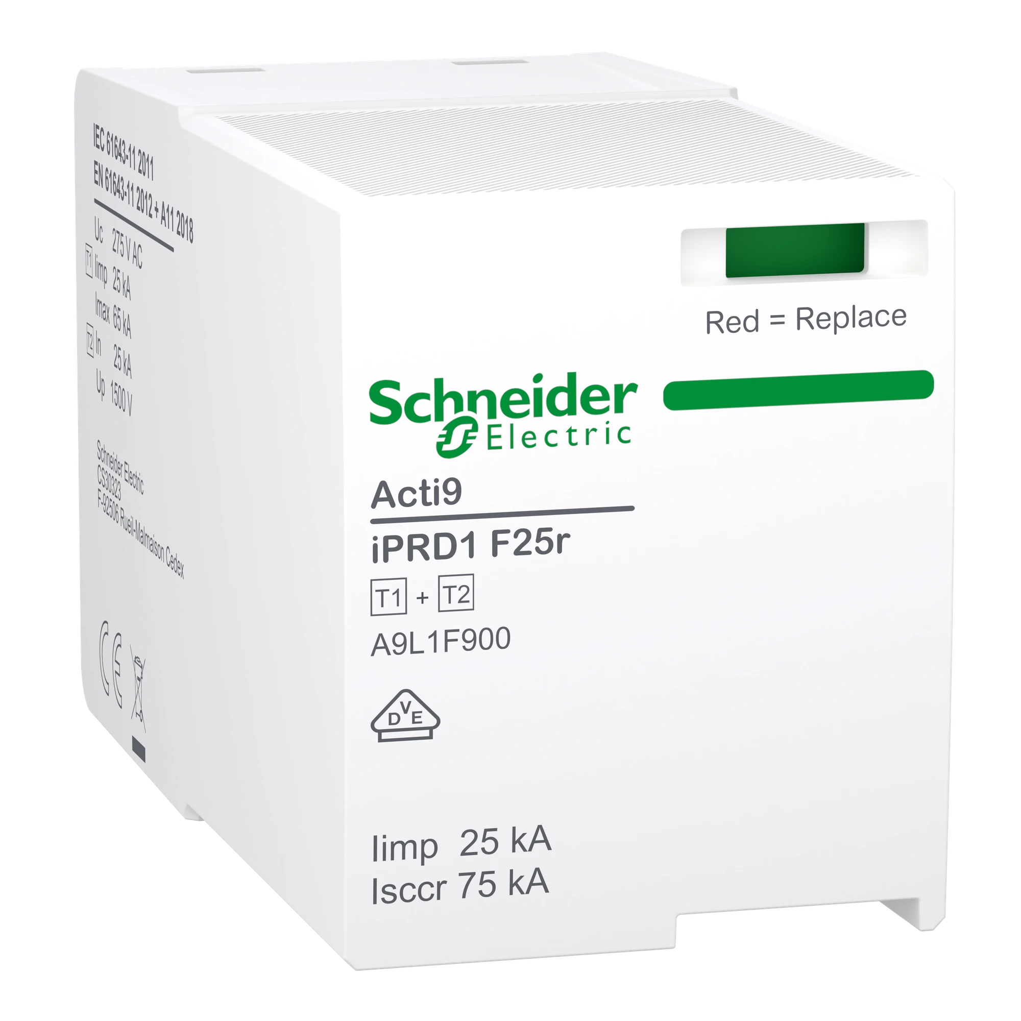 Schneider Electric A9L1F900 Replacement Protection Module for Combined Arresters iPRD1 F25r 3P/3P+N, Type 1+2, integrated fuse, L-PE/N Module (img_001)