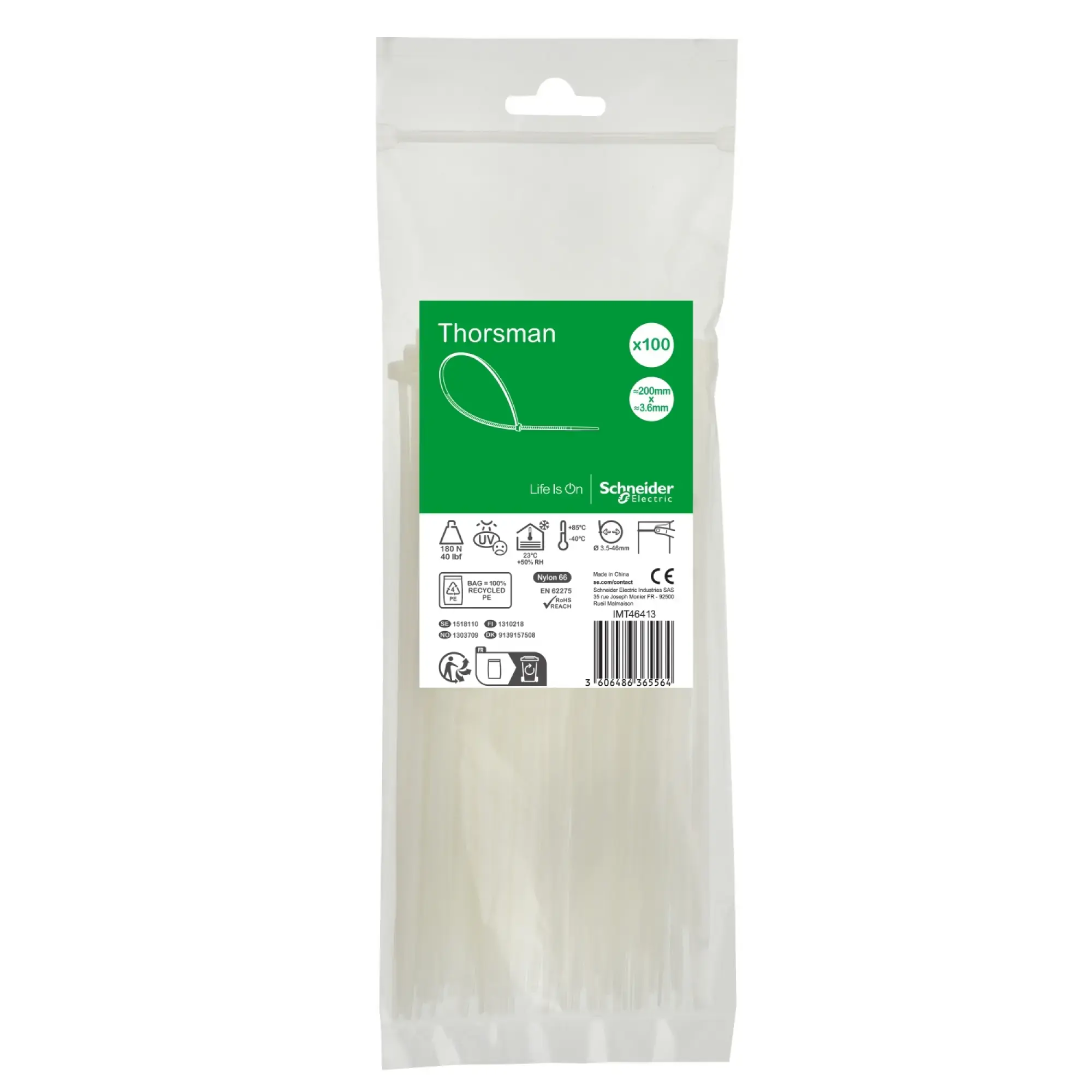 Schneider Electric IMT46413 Thorsman Cable Ties, Dimension: 200X3.6 mm, pack of 100 pieces Color: clear (img_002) Schneider Electric IMT46413 Thorsman Cable Ties, Dimension: 200X3.6 mm, pack of 100 pieces Color: clear (img_002)