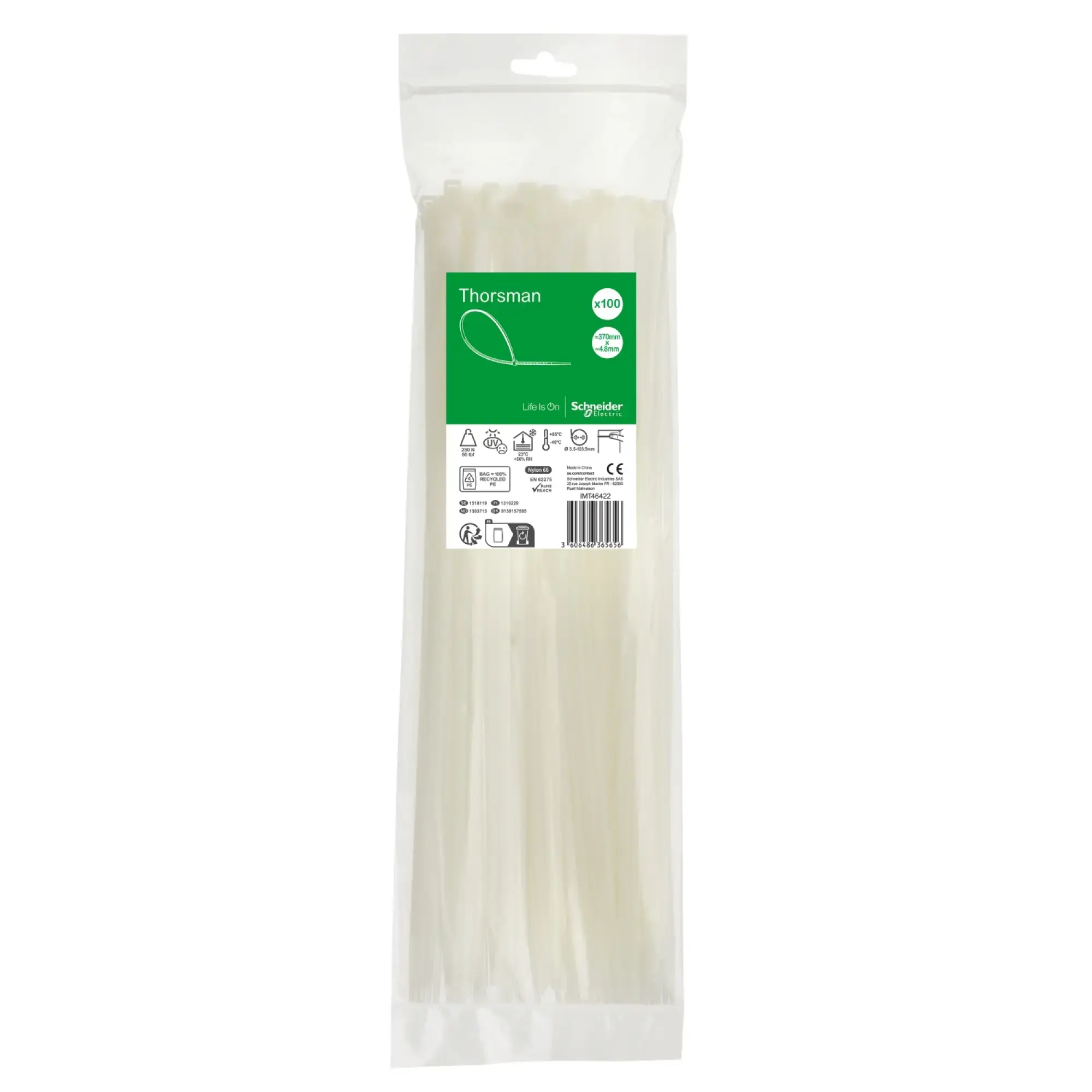 Schneider Electric IMT46422 Thorsman Cable Ties, Dimensions: 370X4.8 mm, pack of 100 pieces, Color: transparent (img_002) Schneider Electric IMT46422 Thorsman Cable Ties, Dimensions: 370X4.8 mm, pack of 100 pieces, Color: transparent (img_002)
