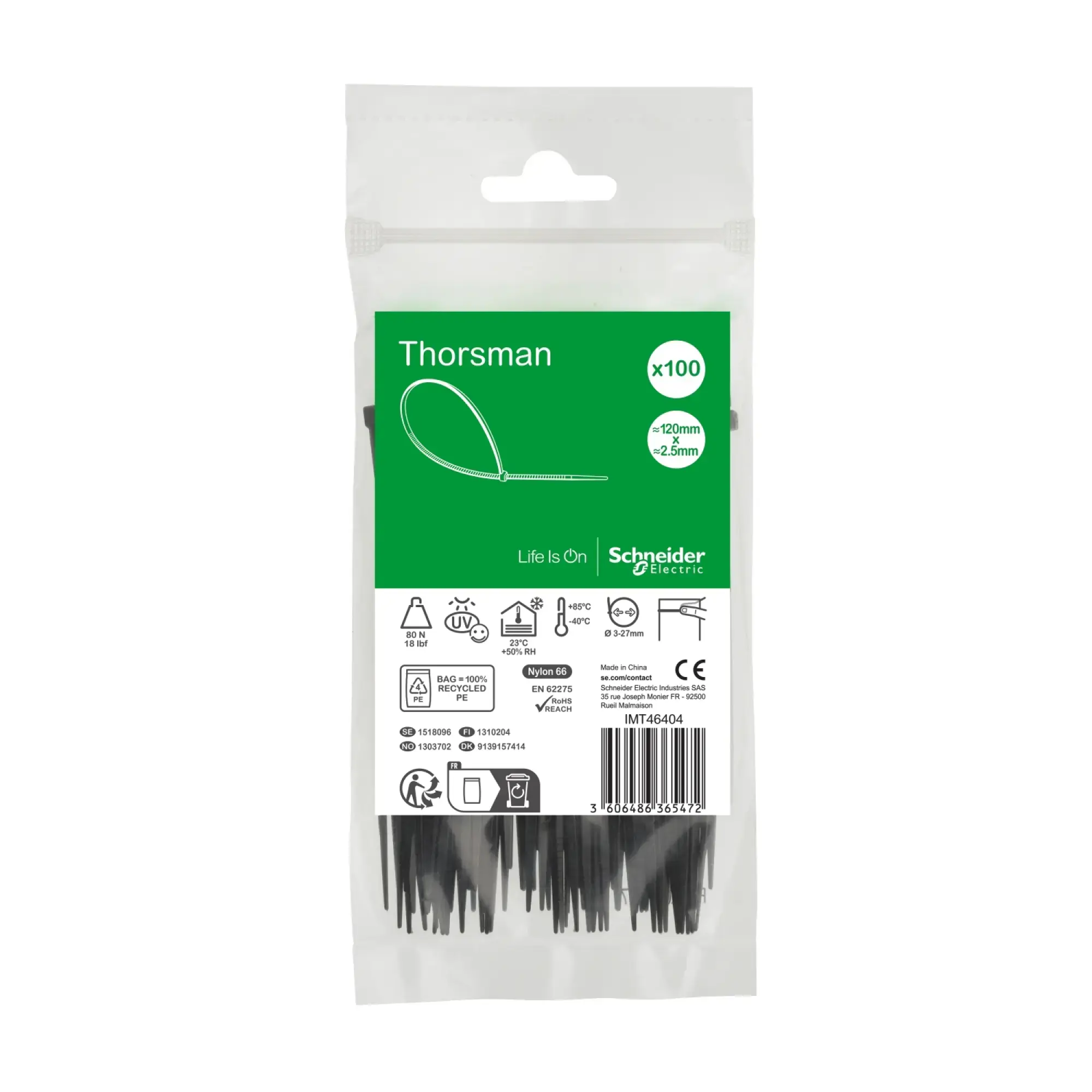 Schneider Electric IMT46404 Thorsman Cable Ties, Dimension: 120X2.5 mm, PCK=100 pieces Color black (img_002)