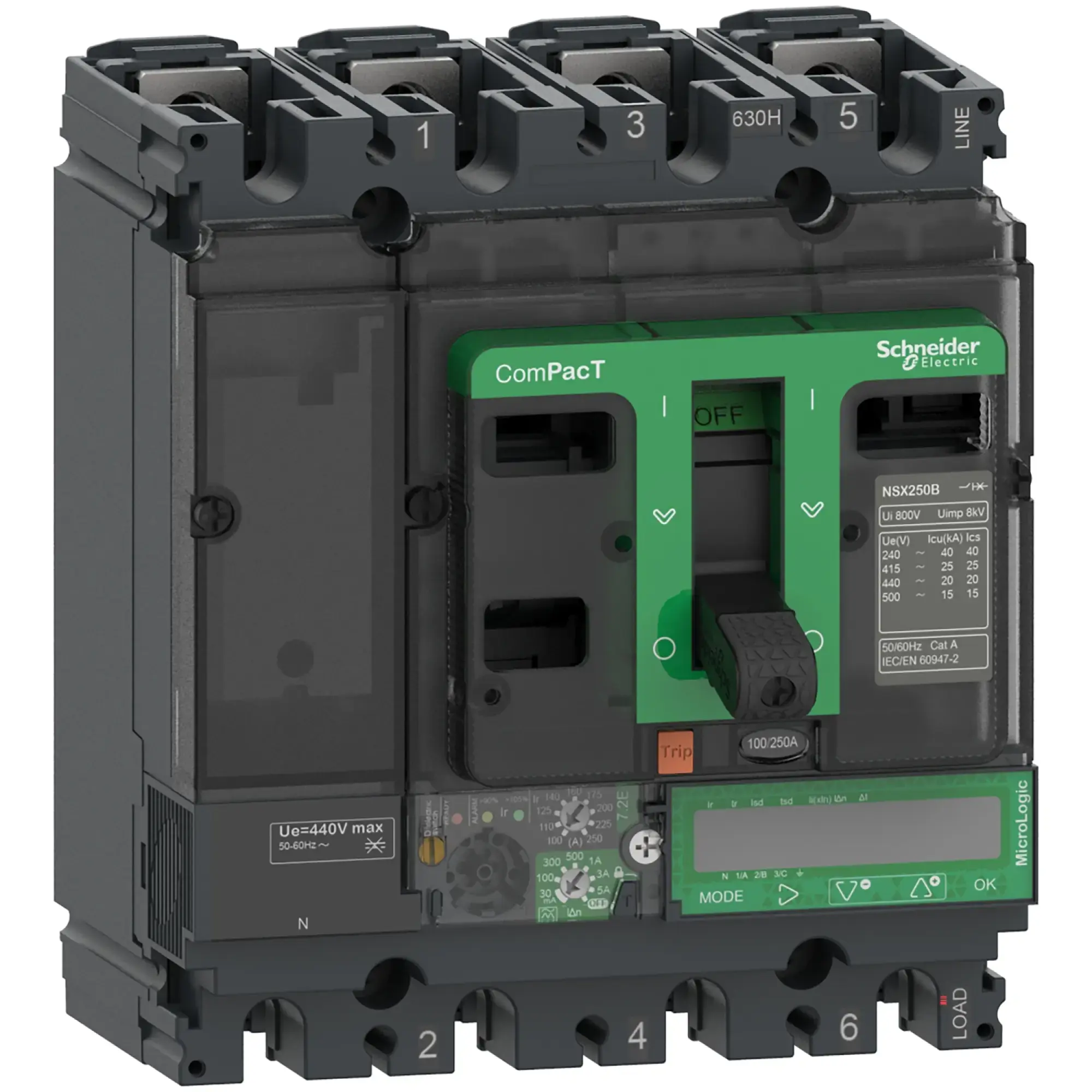 Schneider Electric C10H47E100 Compact Power Circuit Breaker ComPacT NSX100H, 70kA/415 VAC, MicroLogic 7.2 E Vigi 100 A, 4P4D (img_002)