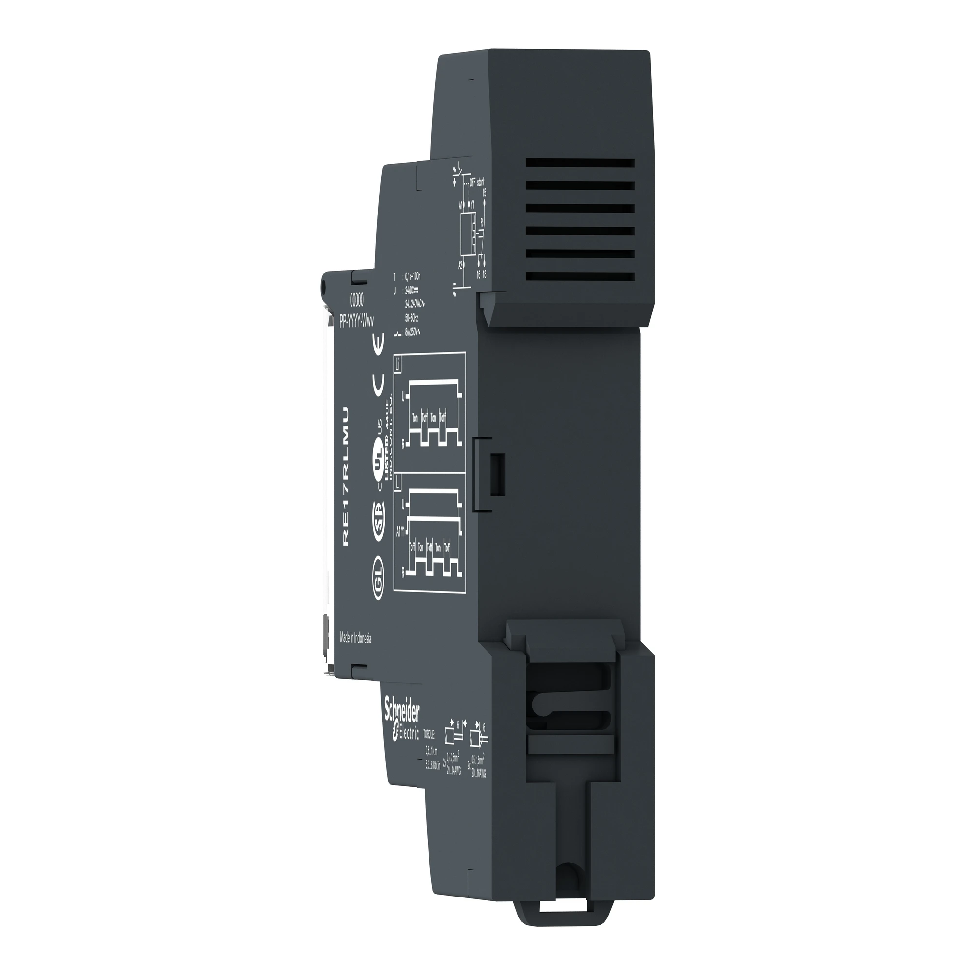 Schneider Electric RE17RLMUS Time Relay Pulse Generator/Flasher, 0.1 s-100 h, Relay 1W, 24 VDC/24-240VAC, Spring-cage (img_002) Schneider Electric RE17RLMUS Time Relay Pulse Generator/Flasher, 0.1 s-100 h, Relay 1W, 24 VDC/24-240VAC, Spring-cage (img_002)