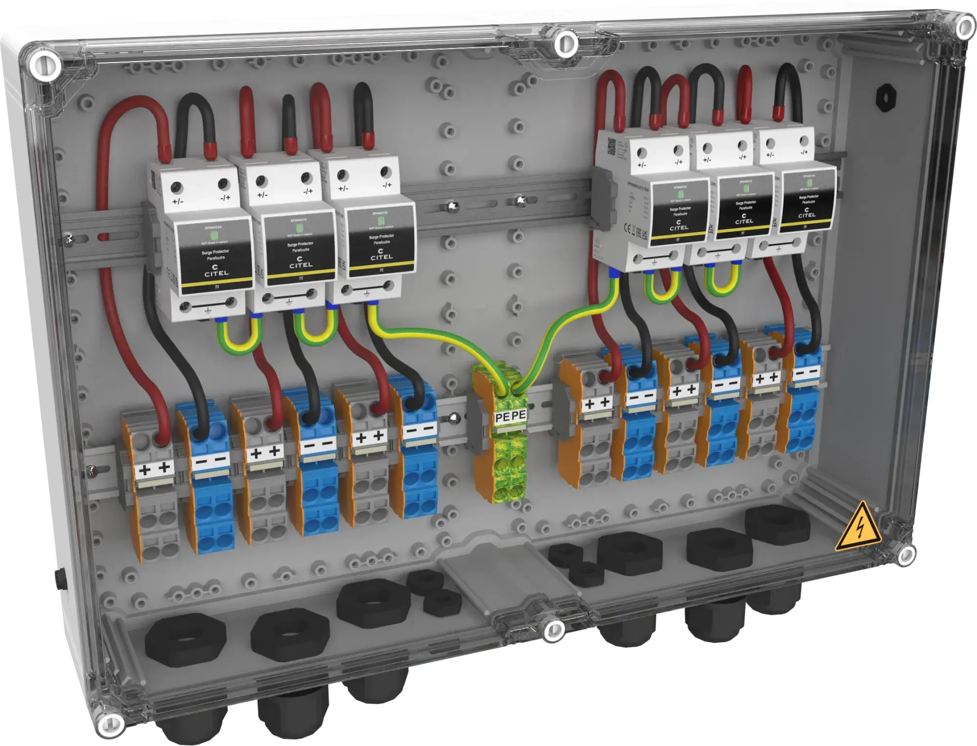 Citel 157606 Generatoranschlusskasten mit SPD Typ 2+3, 1200 VDC, 6-MPPT, 2 Strings (img_001) Citel 157606 Generatoranschlusskasten mit SPD Typ 2+3, 1200 VDC, 6-MPPT, 2 Strings (img_001)